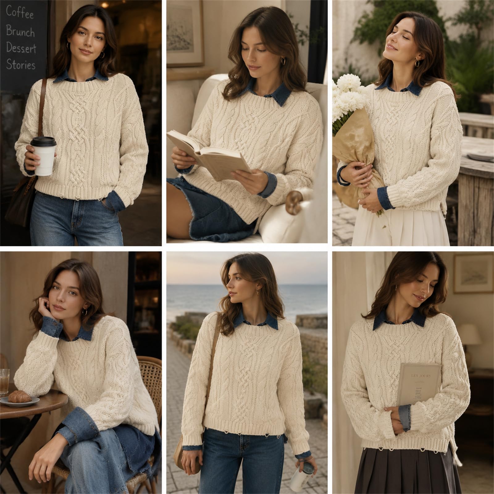 Maglione da donna a maglia spessa a girocollo, effetto usurato con tasche