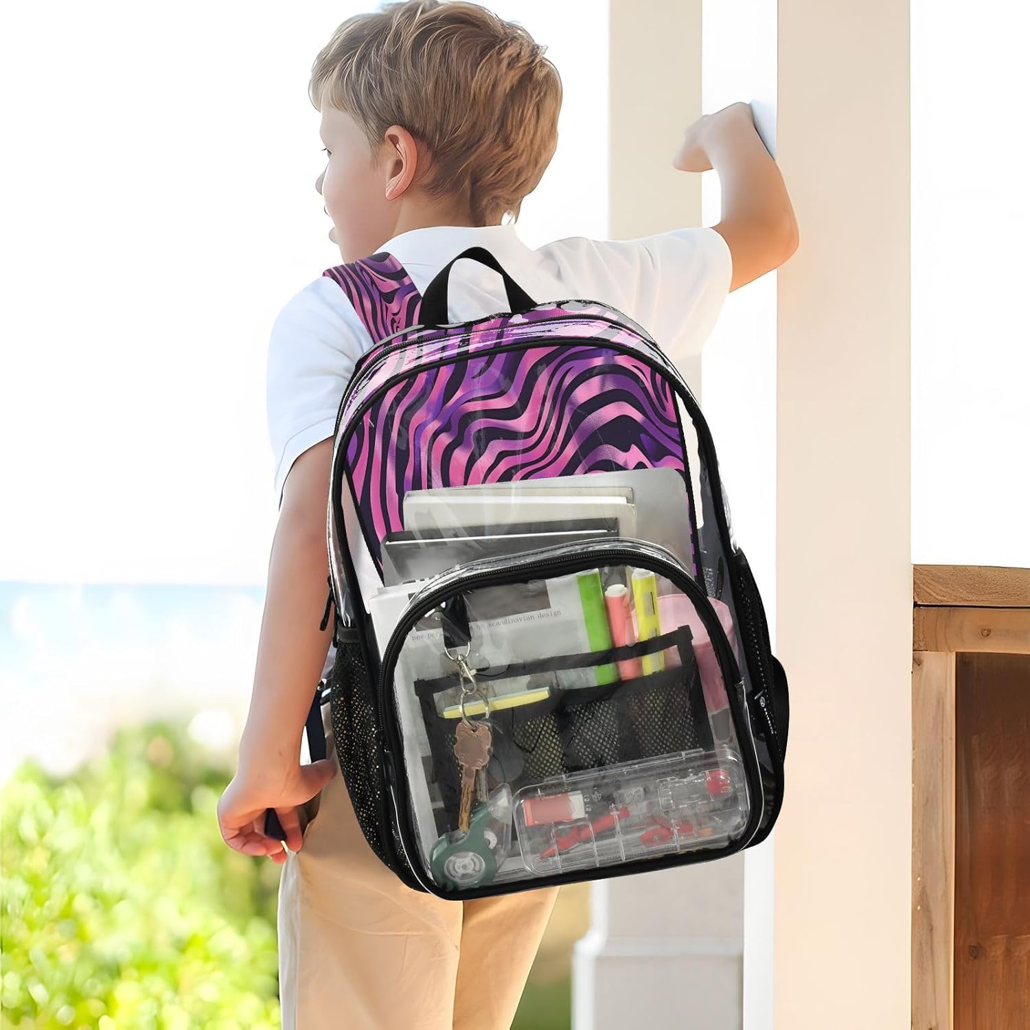 Zebra Print Clear Backpack Heavy Duty See Through Transparent PVC BookBag for Kids Boy Girl Adult School Work