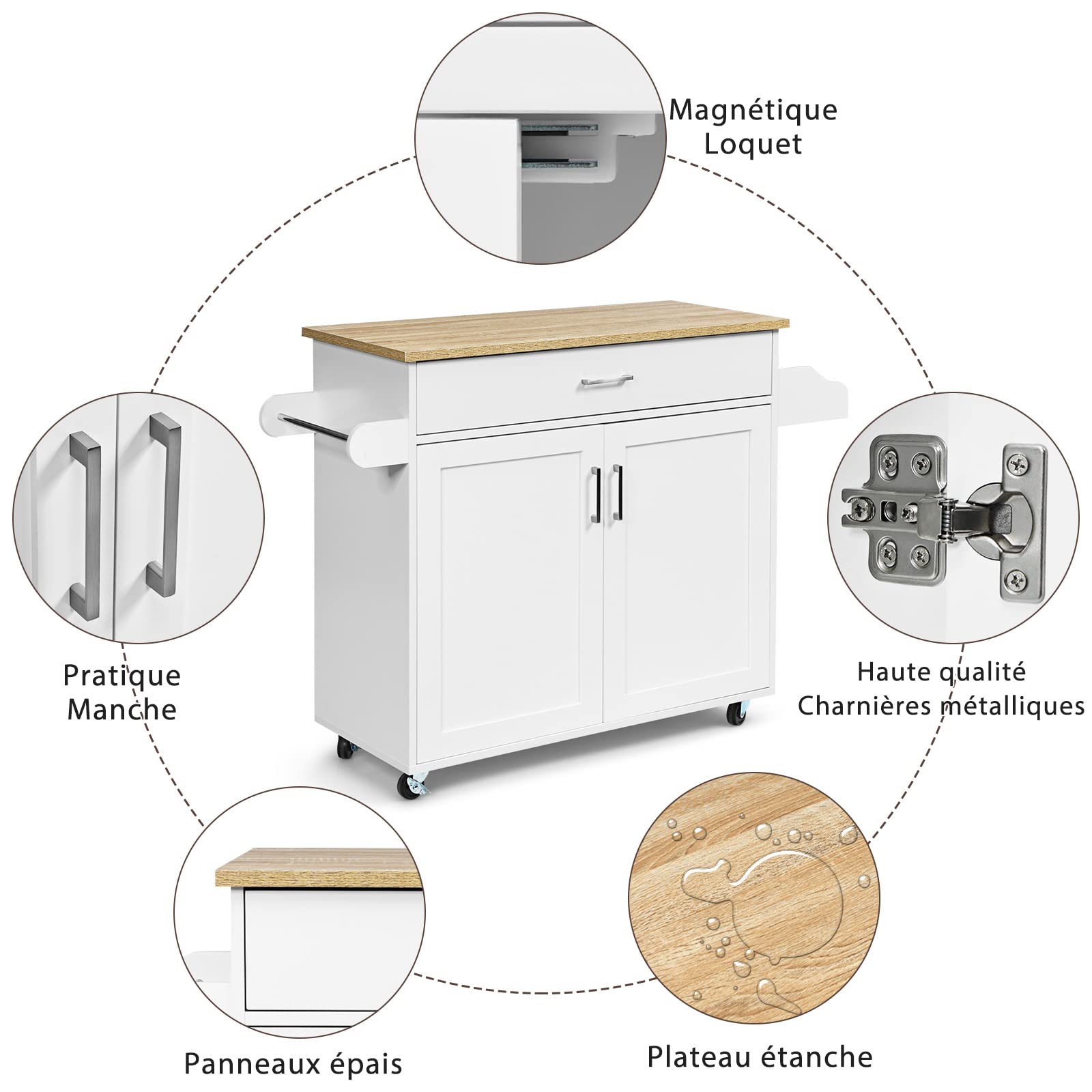 GIANTEX Desserte à roulettes avec Plan de Travail 90 x 40 cm, Desserte de Cuisine avec Grand Tiroir et Armoire à 2 Portes, Porte-Épices et Porte-Serviettes,116 x 40 x 85 cm (Blanc)