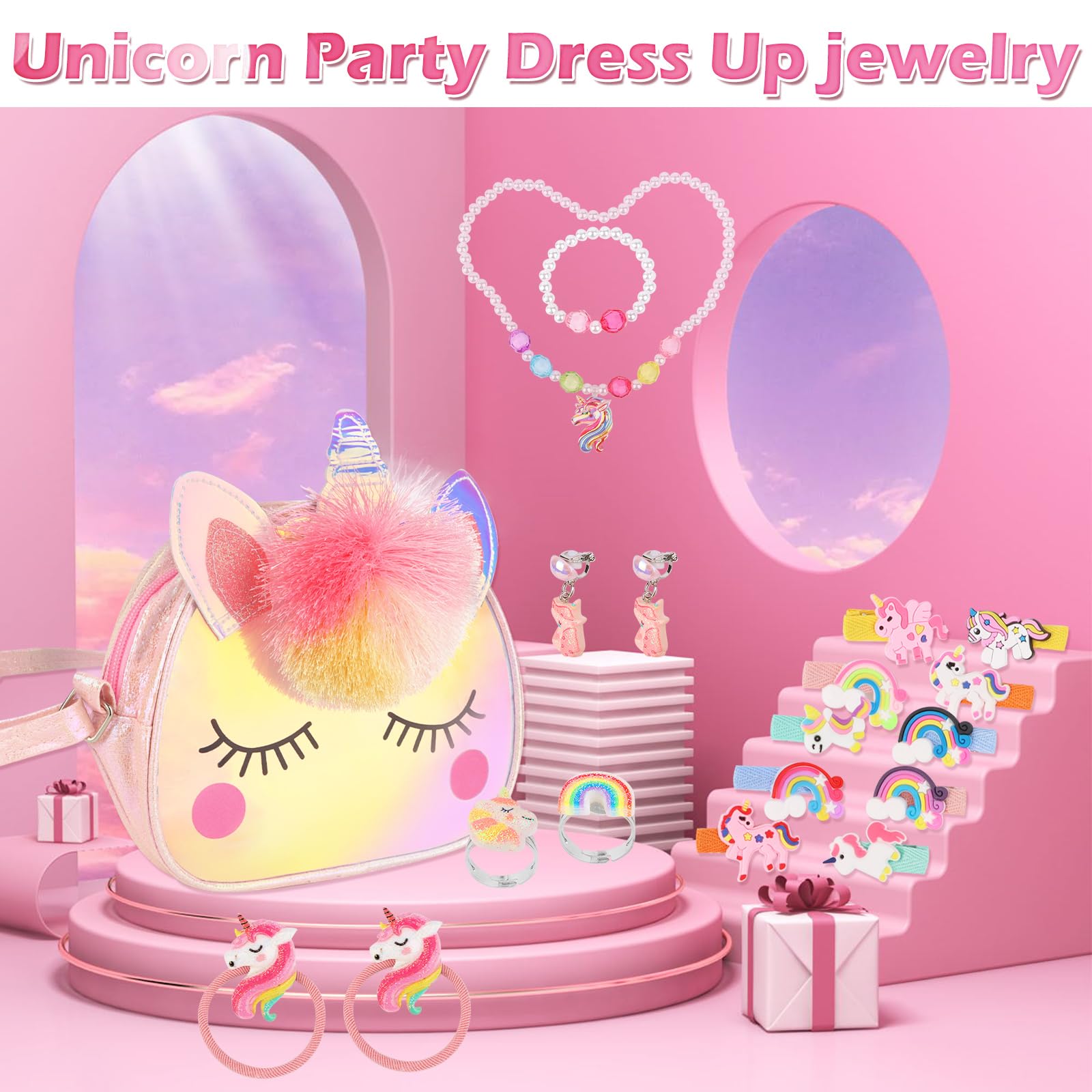 RISVOWO 19 Pièces Ensemble Bijoux Sac Licorne Cadeau Anniversaire Enfant 3-9 Ans