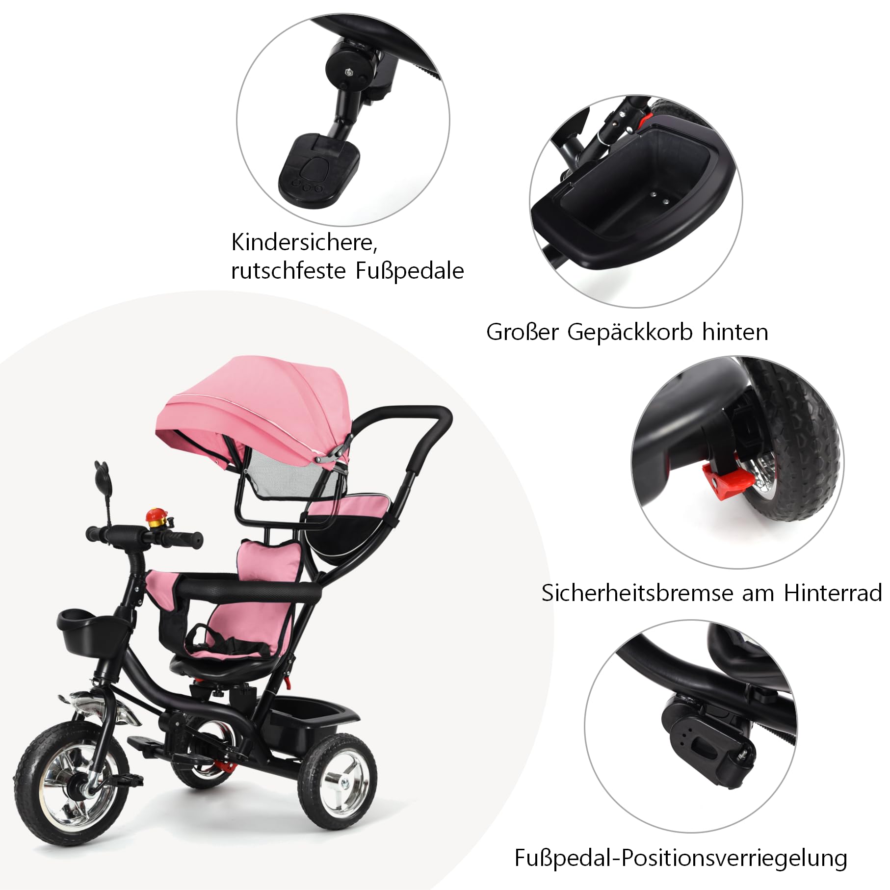 Dreirad 4 in 1 ab 1 Jahr mit Schubstange – Kinderdreirad mit drehbarem Sitz & klappbarem Sonnendach | Sicherheitsgurt & abnehmbarer Schutzbügel | 2 große Körbe | babyfreundlicher Stoff | Rosa