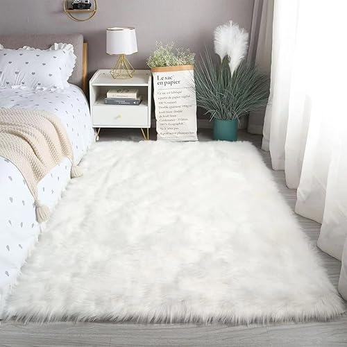 Miniatura 3 de Alfombra de piel sintética esponjosa de piel de oveja blanca, 4 x 6 pies, ultra suave, para dormitorio, mesita de noche, sala de estar, guardería