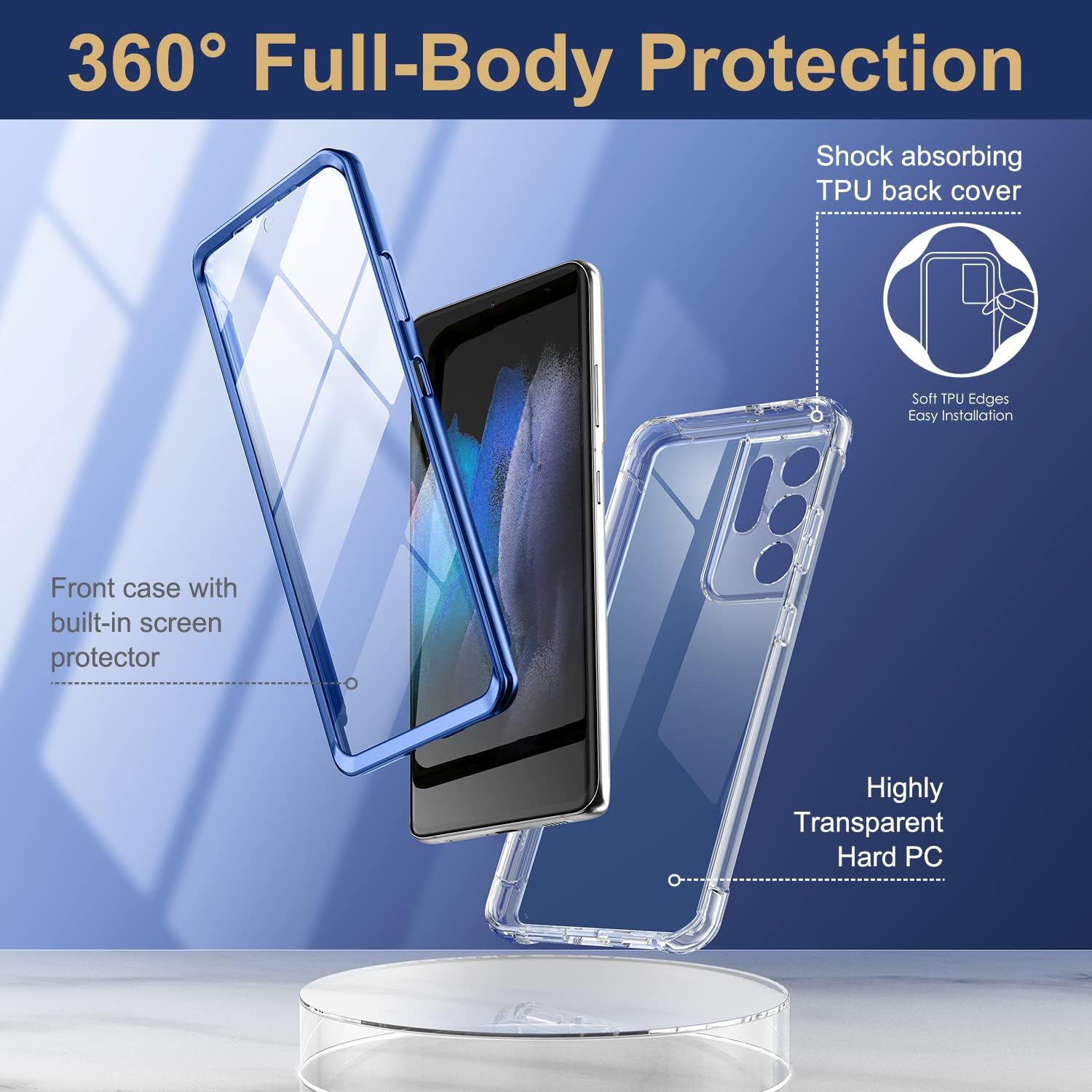 SURITCH Clear Case for Samsung Galaxy S21 Ultra 5G,[Built in Screen Protector][Camera Lens Protection] Full Body Protective Shockproof Bumper Rugged Cover for Galaxy S21 Ultra 6.8 Inch (Blue)