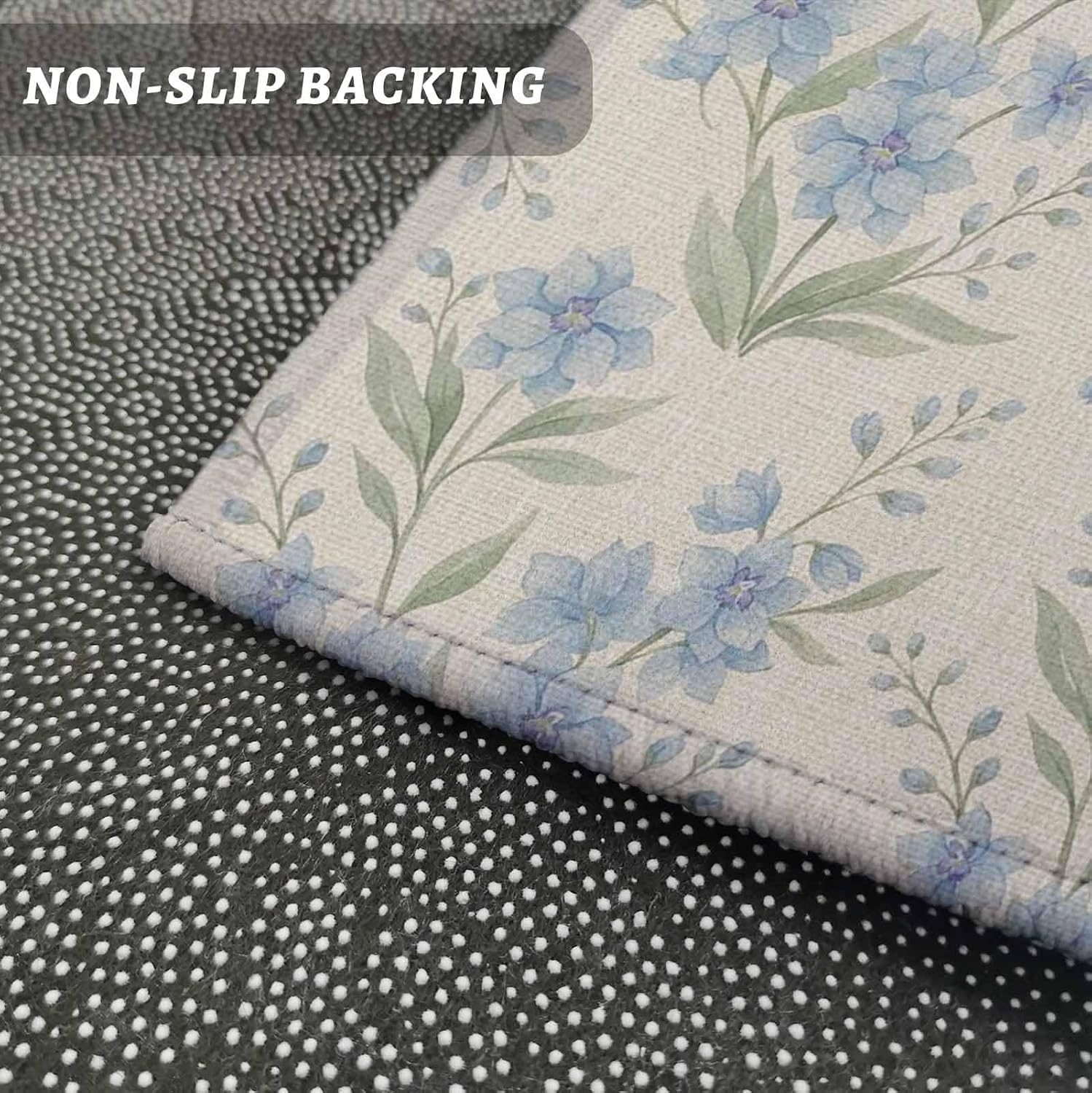 Teamery Kitchen Mats for Floor Summer Blossom Flower Leaf Washable Non Slip Kitchen Rugs 1PCS, Blue Floral on Retro Linen Absorbent Standing Mats for Sink Bathroom Office Living Room 23.6x70.9in