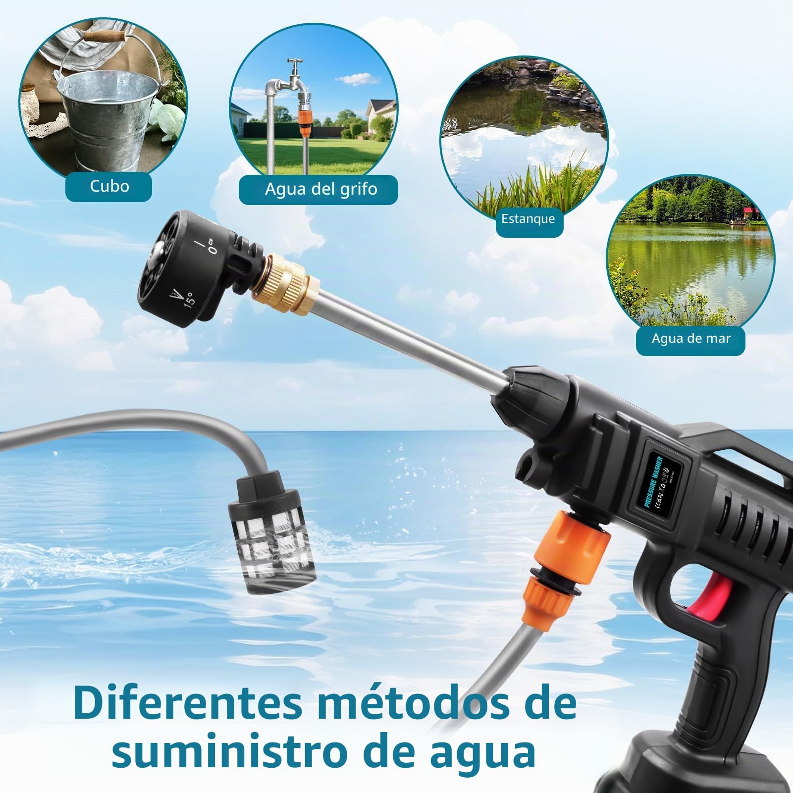 Hidrolimpiadora de Alta Presion 62 Bar,Pistola de Agua a Presión con Boquilla 6 en 1,Manguera 5M,Hidrolimpiadora Bateria con 2 x 3.0Ah Baterías,Hidrolimpiadoras Portátil para Coche y Jardín