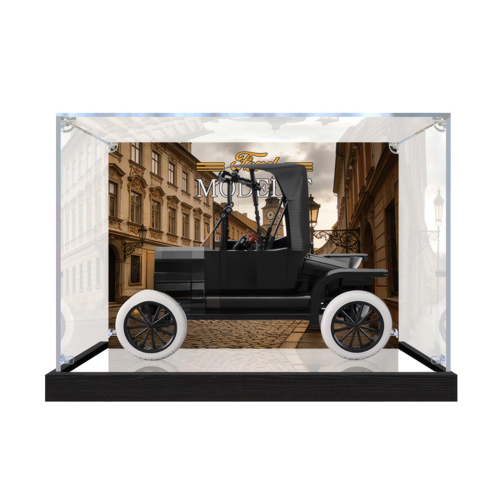 Vetrina in acrilico per modello 11376 Ford Model T, compatibile con Lego, scatola di immagazzinaggio trasparente antipolvere (modello non incluso) (Background Build + Mirror)
