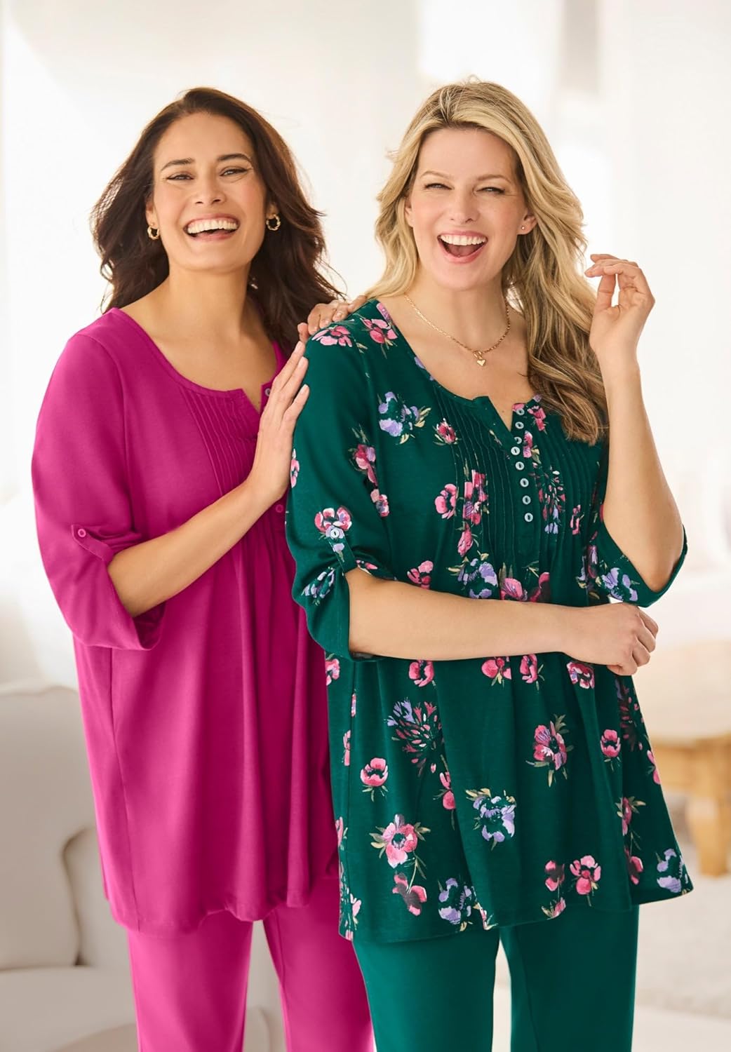 Woman Within Plus Size 7-Day Three-Quarter Sleeve Pintucked Henley Tunic