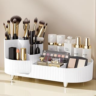 2023 New Rotating makeup organizer,Large Capacity Cosmetic Display Case, easy to hold all of your makeup products, at least 20 makeup brushes/eyeliner,10 lipsticks,8 skincare products
