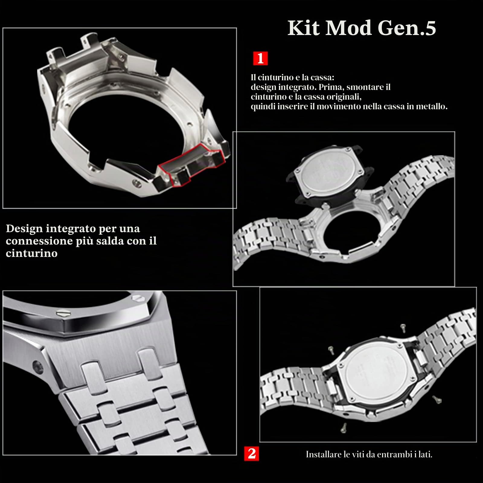 Braccialetto in acciaio inossidabile e cinturino in metallo con cinturino in gomma, compatibile con GA-2100/GA-2110/GA-B2100, Gen.5, Non pietra preziosa