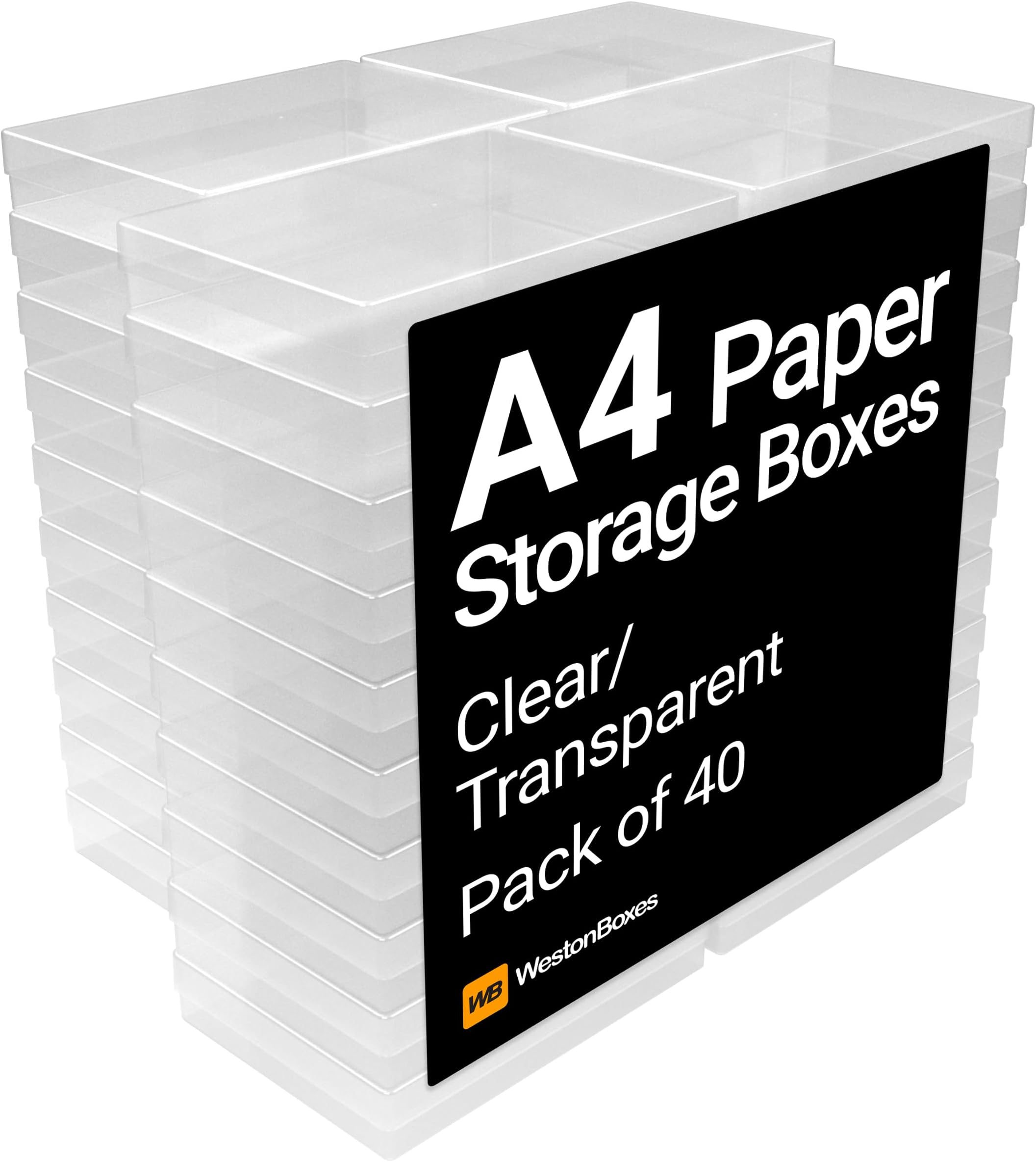 WestonBoxes A4 Transparent Plastic Craft Storage Boxes with Lids for Art Supplies, Paper and Card - 3.6 Litre Volume (Pack of 40)