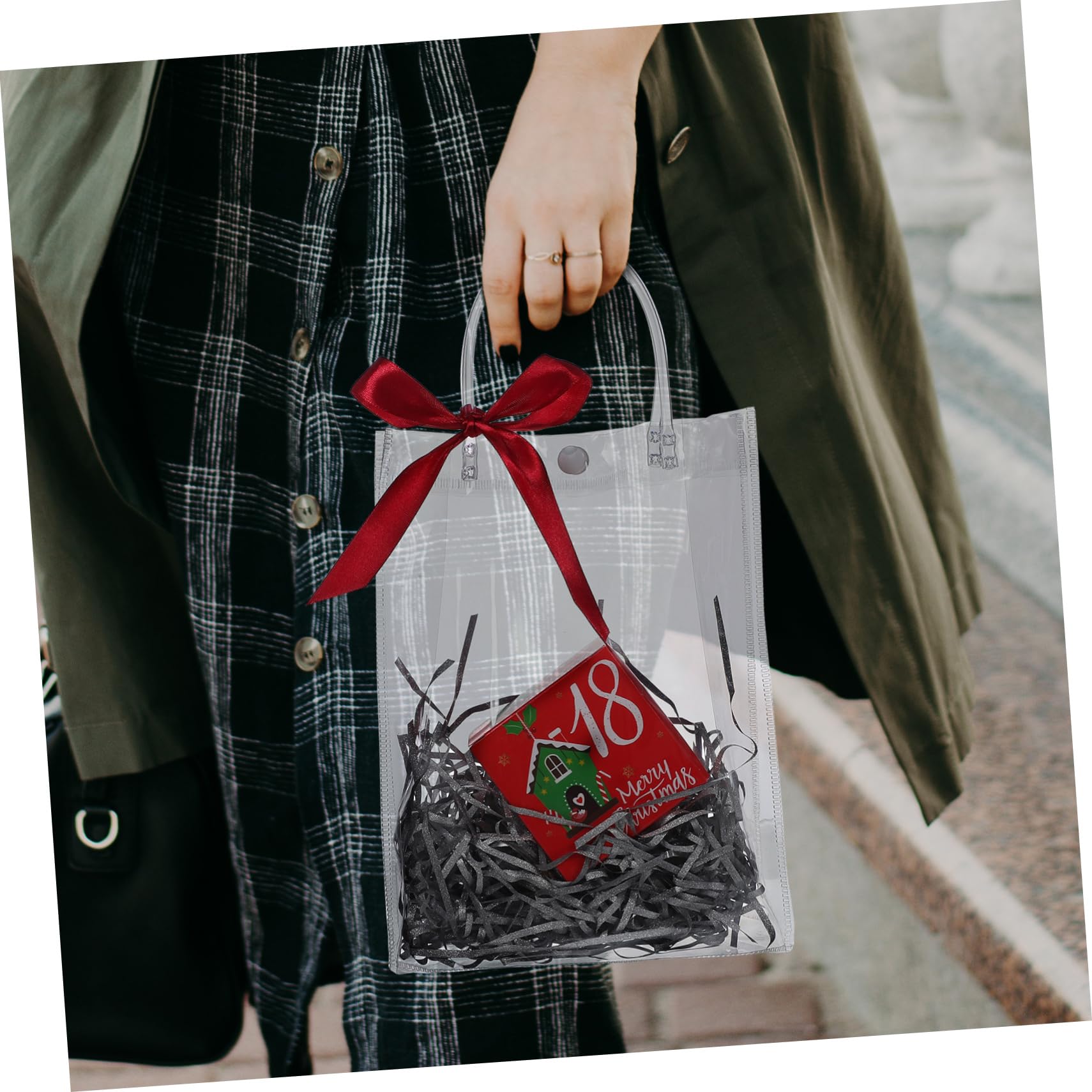 SAFIGLE 25 Bolsas Transparentes de Obsequio con Asas Fáciles de Llevar y Cierre Seguro, Hechas de Pvc, Ideales para Fiestas y Envolver Regalos
