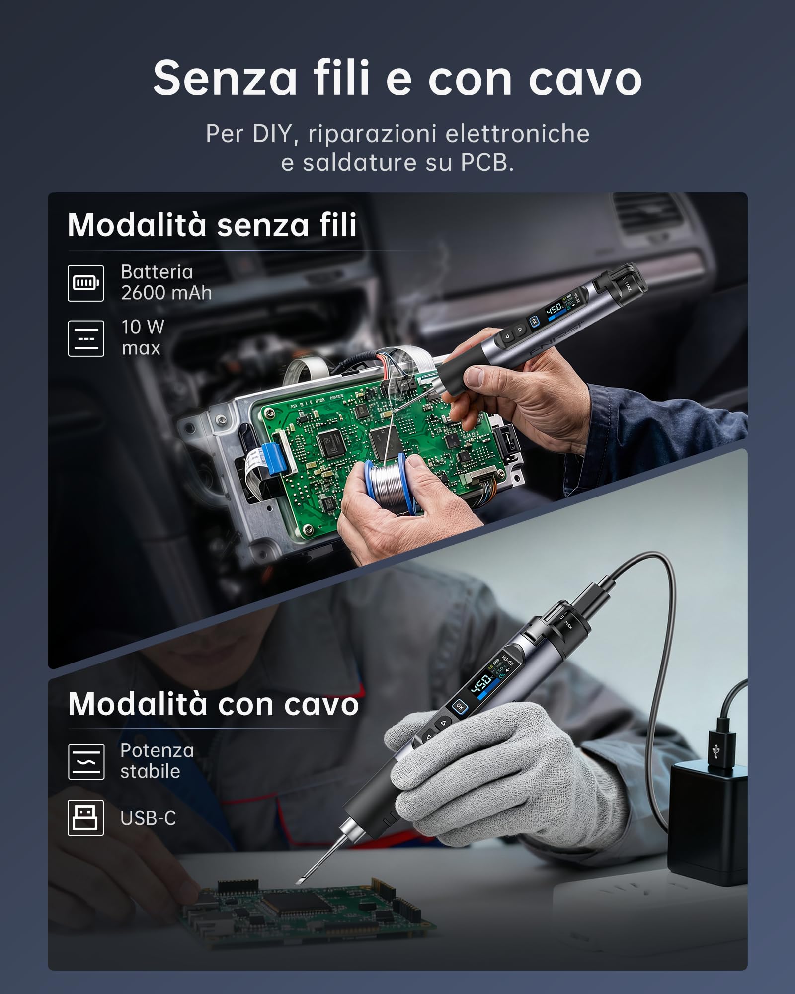 FNIRSI HS-03 Kit Saldatore a Batteria, Saldatore Portatile Senza Fili con Batteria 2600mAh, 100–450°C, Riscaldamento Rapido 3s, 5 Livelli Temperatura, Display IPS 0,96", per Elettronica, DIY, PCB