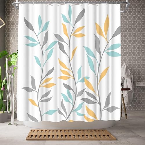 Miniatura 2 de Welmeco Cortina de ducha amarilla con hojas botánicas, cortina de ducha amarilla para decoración de baño, tela de poliéster, 72 x 72 pulgadas