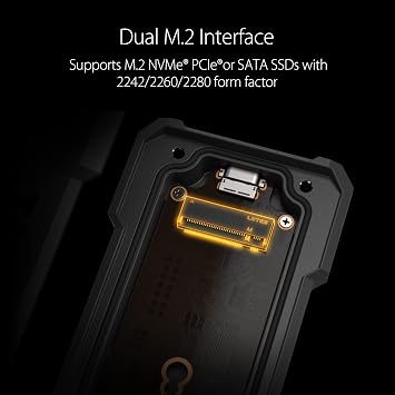 ASUS TUF Gaming A1—USB-C 3.2 Gen 2x1 SSD enclosure(SSD case), dual M.2 NVMe PCIe and SATA interfaces, M.2 Q-Latch for easy installation, MIL-STD-810H drop resistance, IP68 water and dust resistance