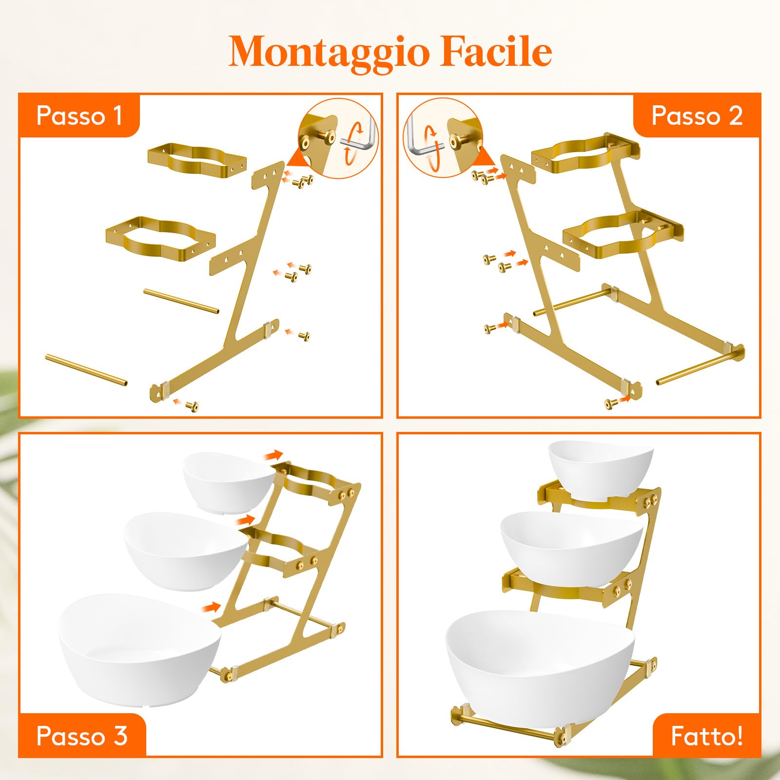 Lifewit Alzata a 3 piani con ciotole in plastica, 3 ripiani, con ripiano in metallo dorato, accessori per feste, buffet, ciotola da portata riutilizzabile per antipasti, frutta, snack