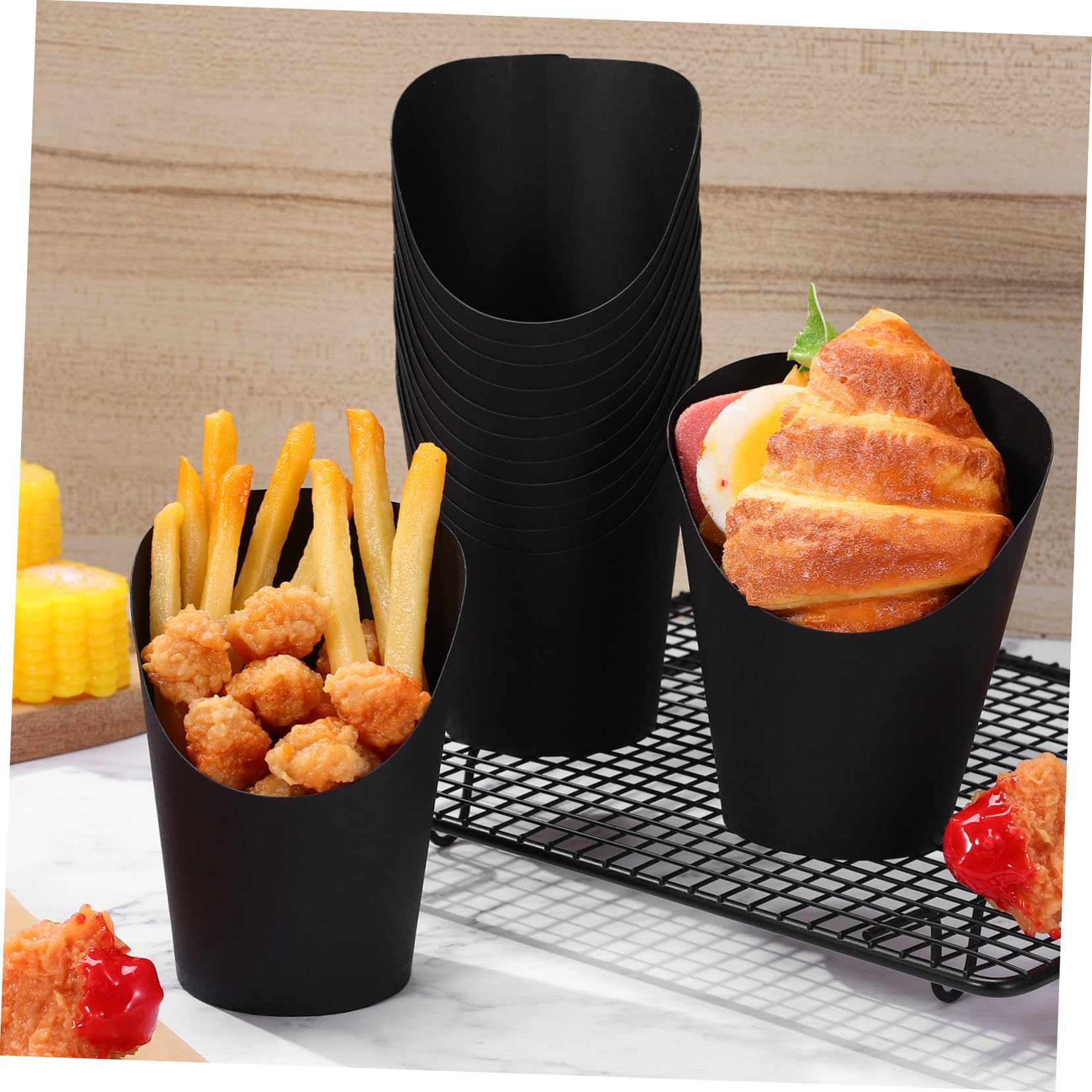 VANZACK 100 pezzi Bicchieri di Carta da 14oz con Apertura Obliqua per Patatine Fritte e Snack Contenitori Resistenti per Feste ed Eventi Neri 100 Pezzi