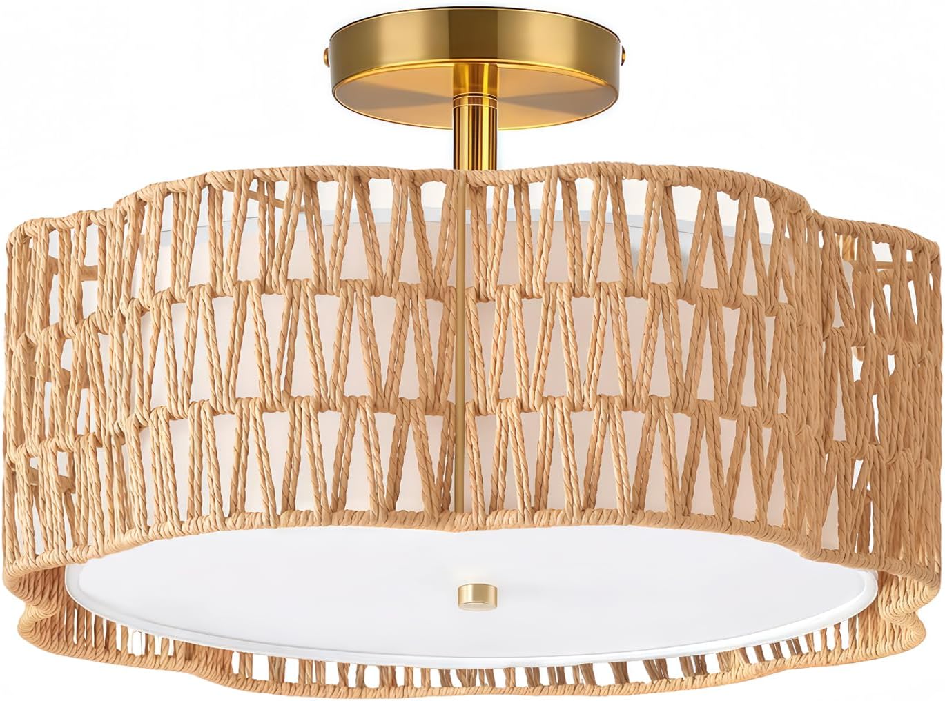 13.4" Rattan Flush Mount Ceiling Light Fixtures,3-Light Boho Light Fixtures Ceiling Mount for Bedroom,Small Rattan Chandelier,Gold Mini Chandelier Lighting for Dining Room Hallway Kitchen