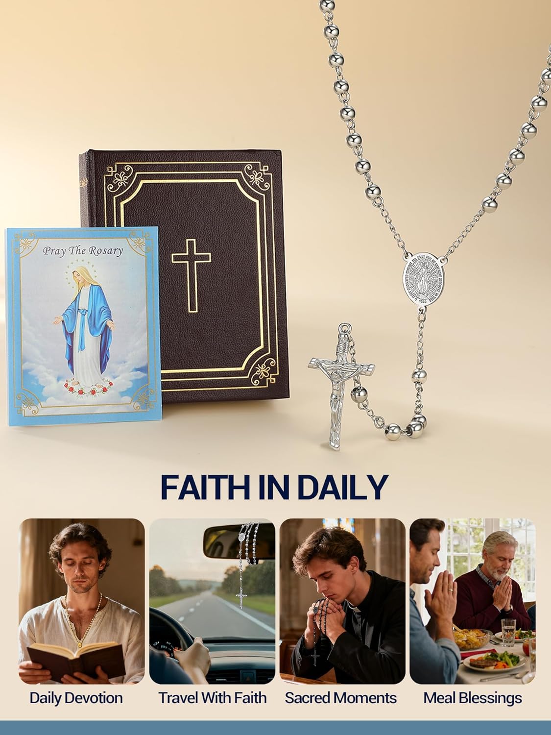 PROSTEEL Gold Virgin Mary Rosary Beads Necklace for Women, Stainless Steel Tarnish-Resistant Catholic Prayer Y-Necklace with Crucifix Cross, Gift Box & Prayer Card Included - Image 6