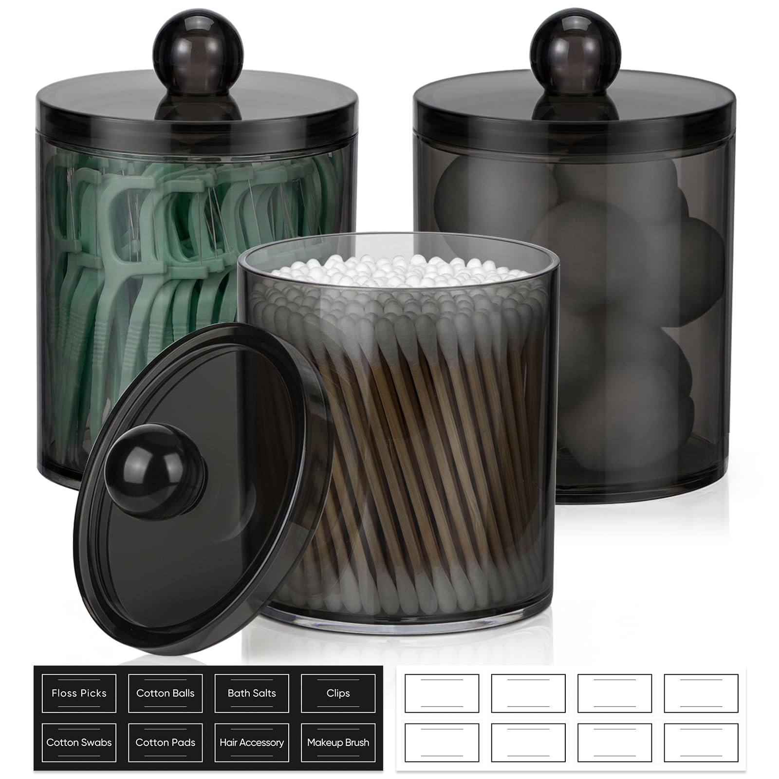 3 Pack Acrylic Qtip Holder Dispenser for Cotton Swabs, Balls, Floss Picks