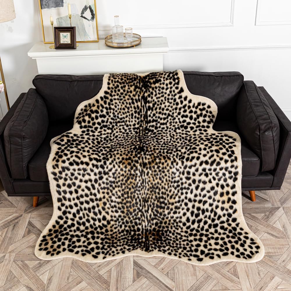 Alfombra de piel de vacuno con estampado de leopardo para el hogar, oficina, salón, dormitorio, 160 x 200 cm