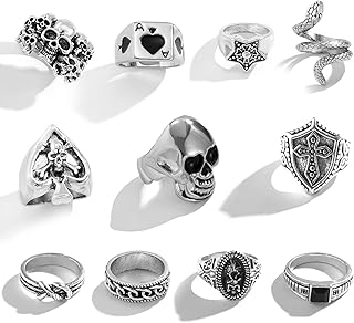 Vintage Gold Silver Punk Rings for Men Women,Cool Gothic Ring Set,Chunky Stackable Joint Knuckle Rings,Retro Skull Ace Malachite Rings