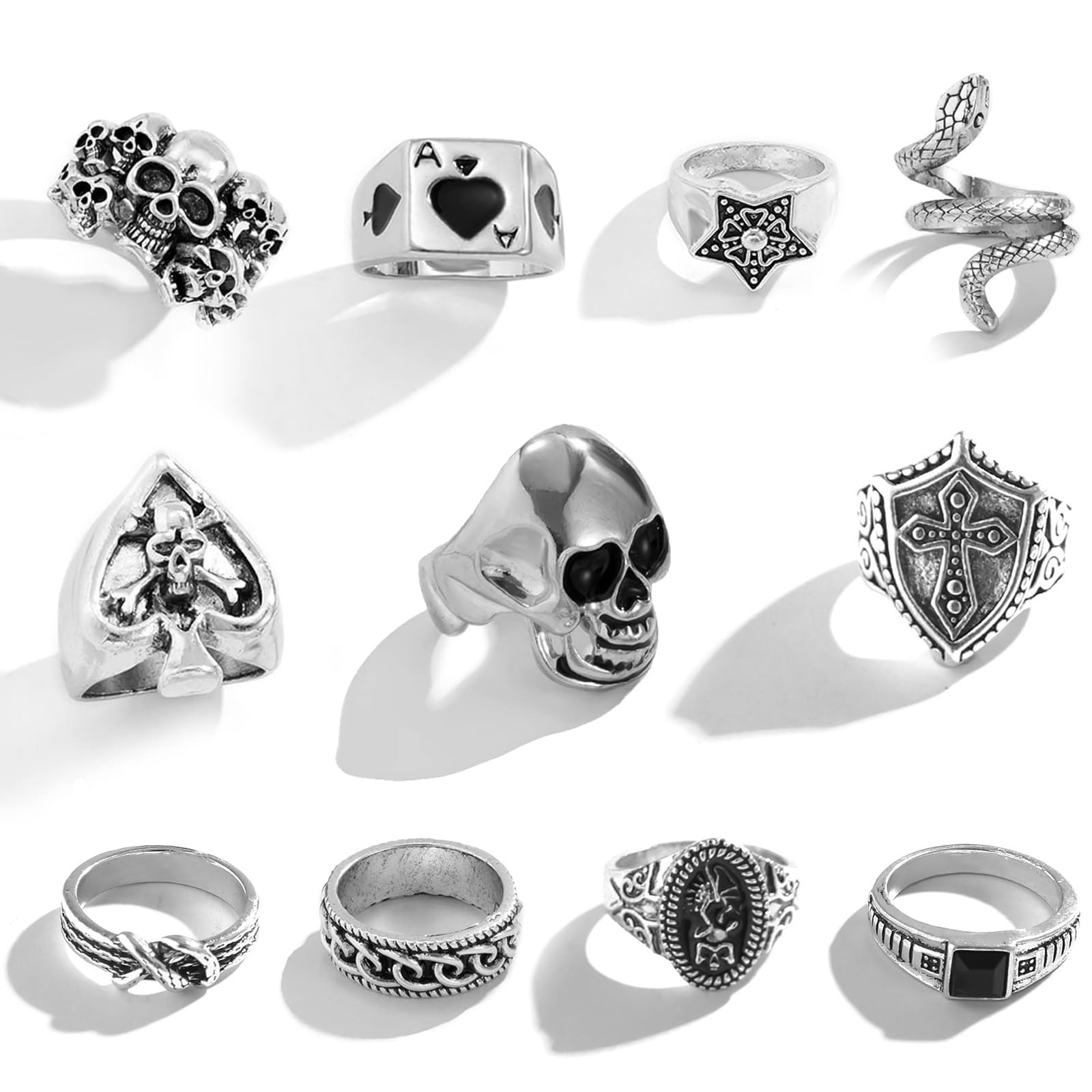 Vintage Gold Silver Punk Rings for Men Women,Cool Gothic Ring Set,Chunky Stackable Joint Knuckle Rings,Retro Skull Ace Malachite Rings