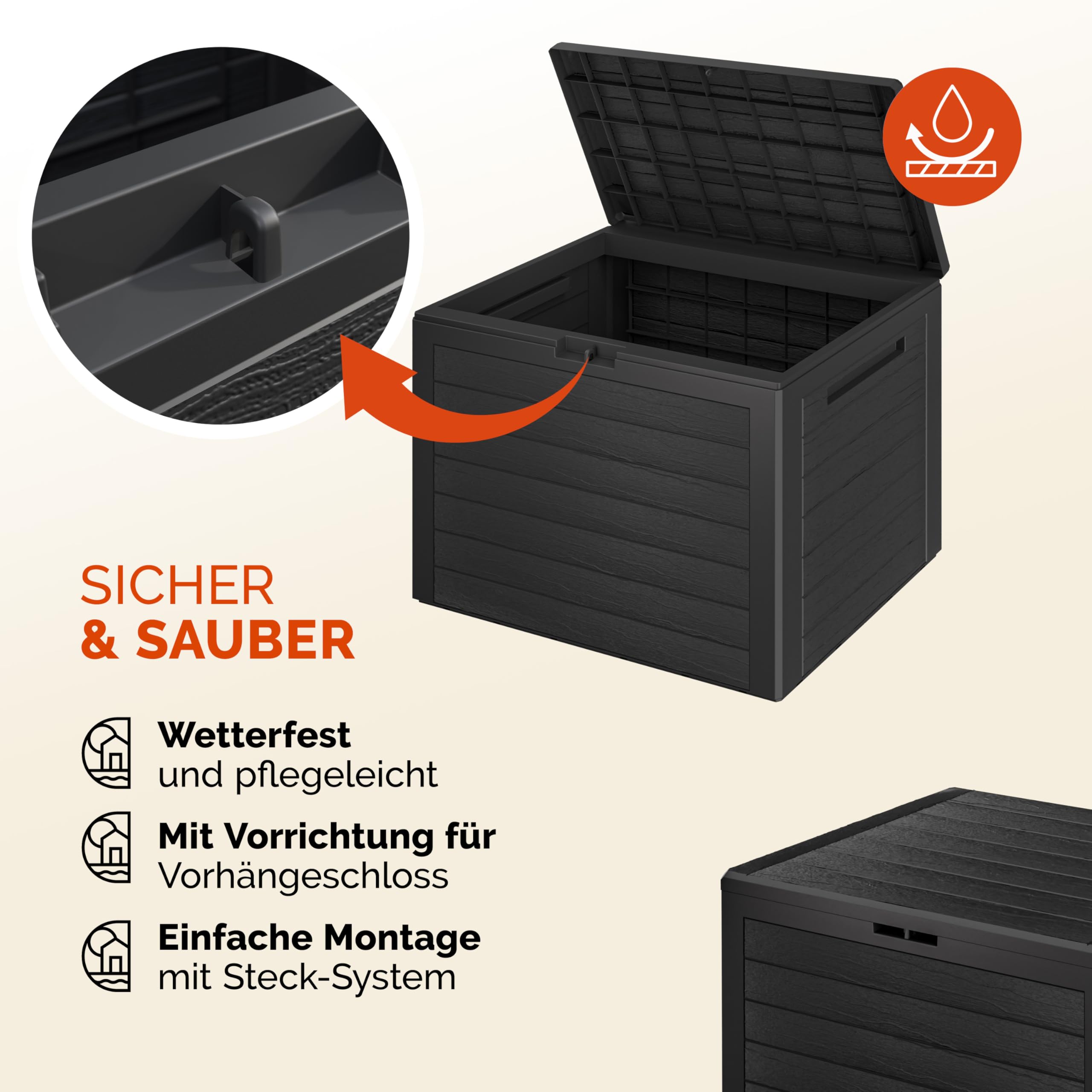 Casaria® Gartenbox 190L UV-beständig Griffmulden Verschlussvorrichtung Balkon Terrasse Wohnzimmer Wintergarten Kissenbox 78x44cm Holz-Optik Anthrazit