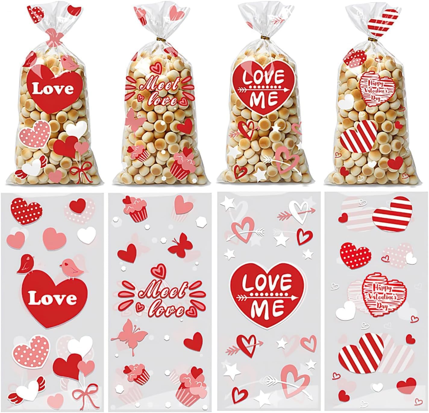 50 Pcs Valentine Treat Bags, Plastic Clear Gift Bag with Twist Ties for Candy Cookie, Valentines Cellophane Treat Bags for Valentine's Day Wedding Party Supplies