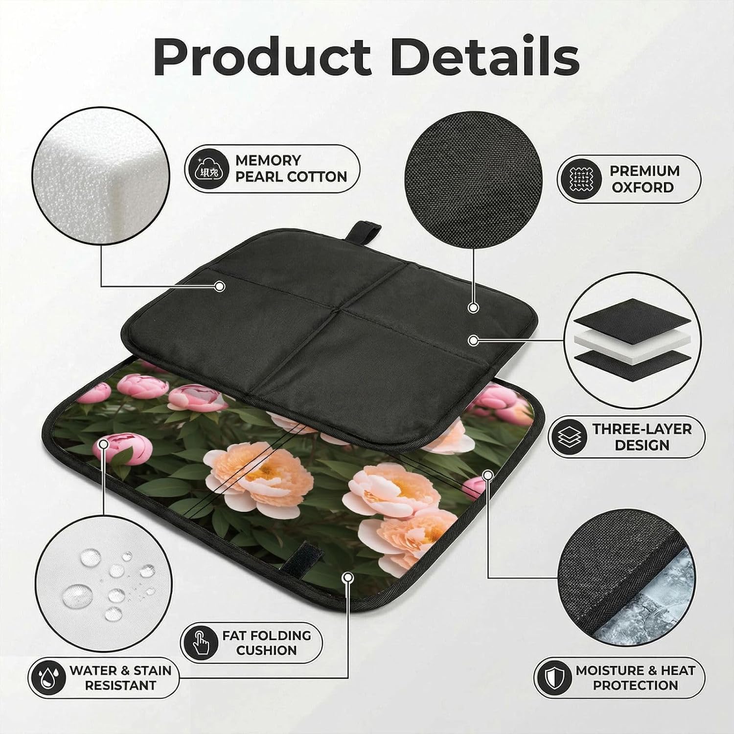 (Peonies) Sitting Pad Foldable Seat Cushion Lightweight Camping Seat Mat with Hook for Outdoor Hiking Picnic Camping
