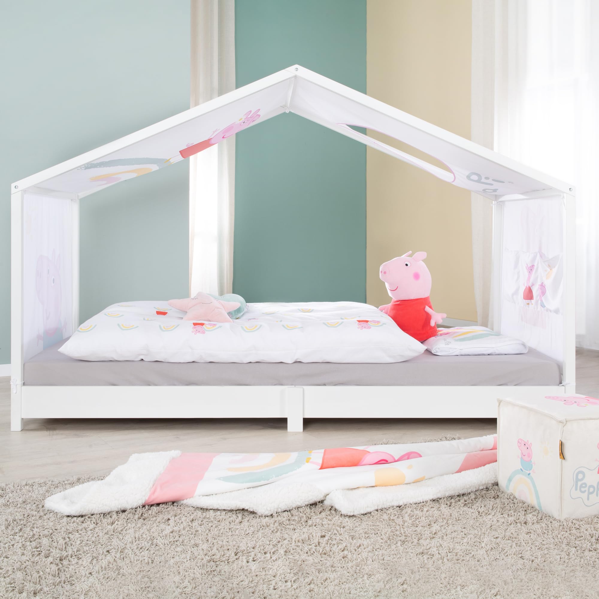Funda roba para camas Montessori tipo casita 90 x 200 cm con diseño Peppa Pig - Accesorio para convertirla en cama con dosel - Incluye 3 bolsillos y ventana en el techo