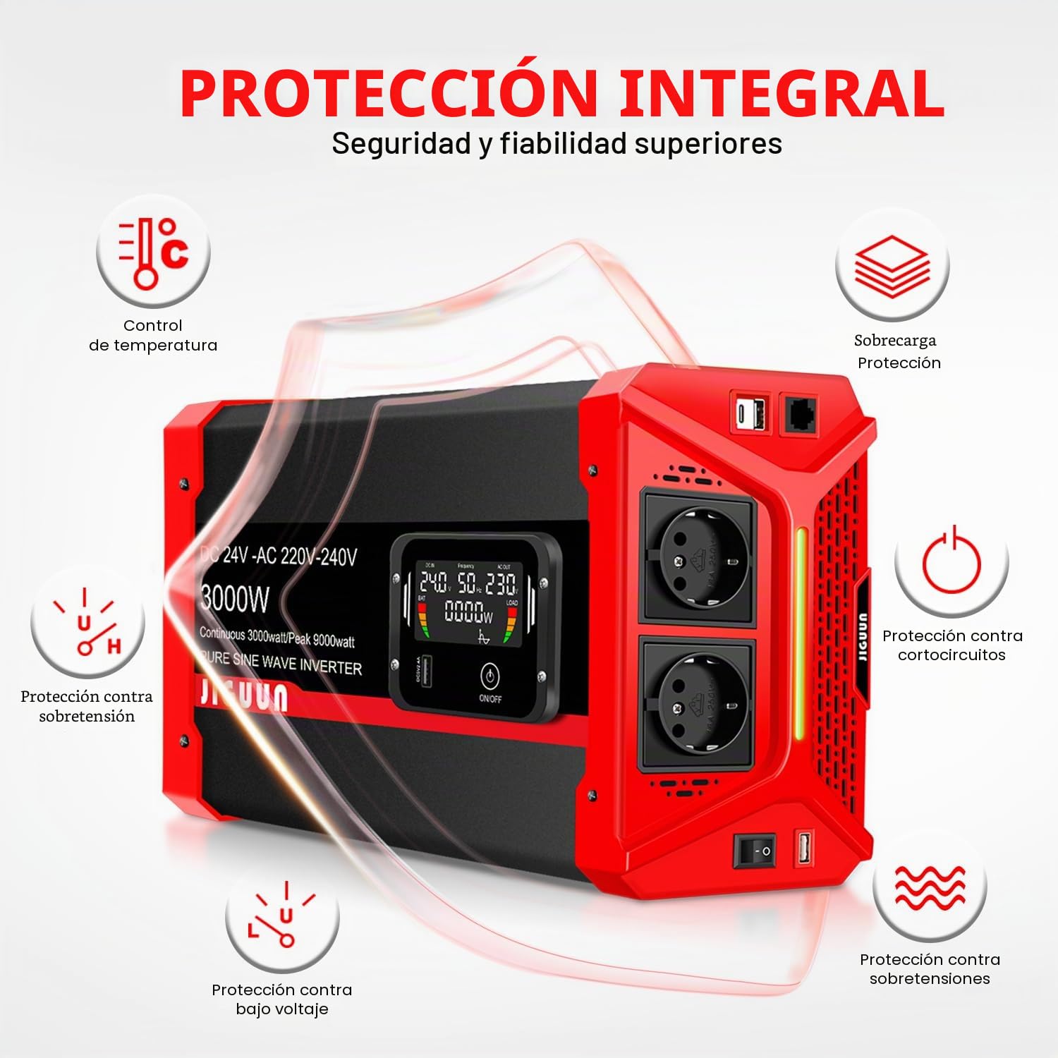 JIGUUN 3000W/9000W Inversor 24V 220V Onda Pura Convertidor Inverter con 2 Tomas EU y 3 Puertos USB y Tycp-C, Adecuado para Autocaravana, Camiones, Camping, Sistemas Fuera de la Red y más (3000W24V)
