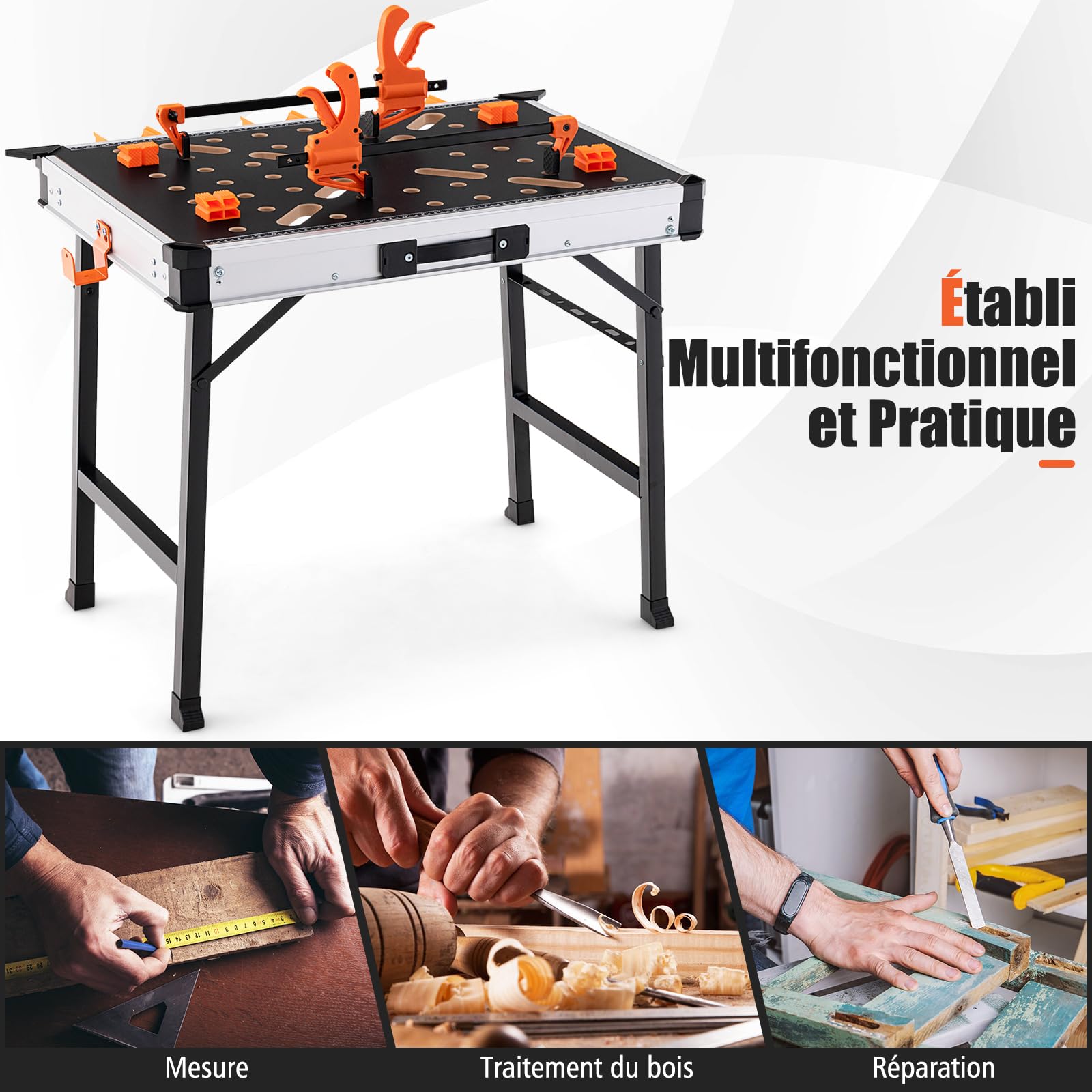 GYMAX Établi Pliable,Travail de Travail Multifonctionnel, Chevalet de Sciage avec Poignée Portable, Plateau Combinable, Charge 454 kg, pour Mesure/Travail du Bois/Réparation
