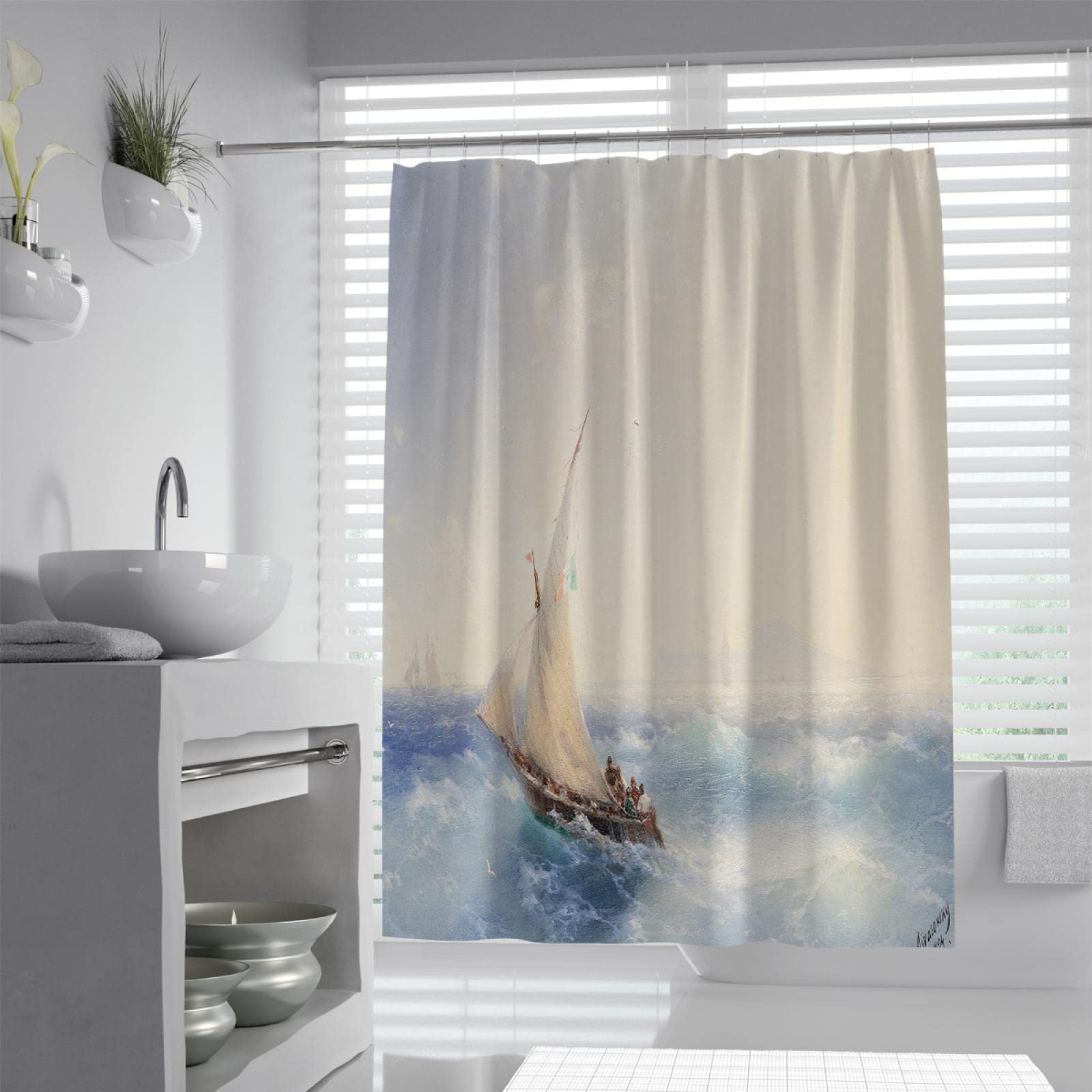 Rideau de Douche Bleu Avec vue Sur l’océan Ensemble de rideaux de Douche en Tissu Polyester pour voilier Blanc Avec crochets Ivan Aivazovsky Art Rideau de Bain imperméable 150Bx200Lcm