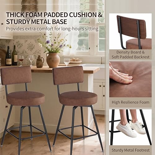 Miniatura 5 de Juego de 2 taburetes de bar giratorios de 25 pulgadas, taburetes de bar de piel sintética con respaldo, taburetes para cocina, encimera, isla,