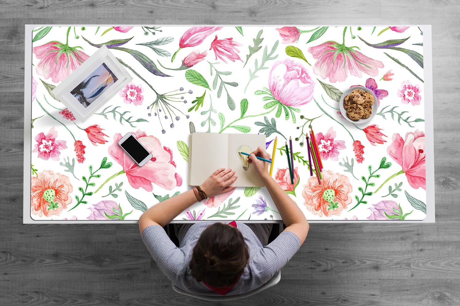 Sottomano da Scrivania 120x60 cm per Ufficio e Casa Impermeabile Protezione e Decorazione Superficie Protettiva Antiscivolo Facile da Pulire in Vinile PVC - Fiori dipinti