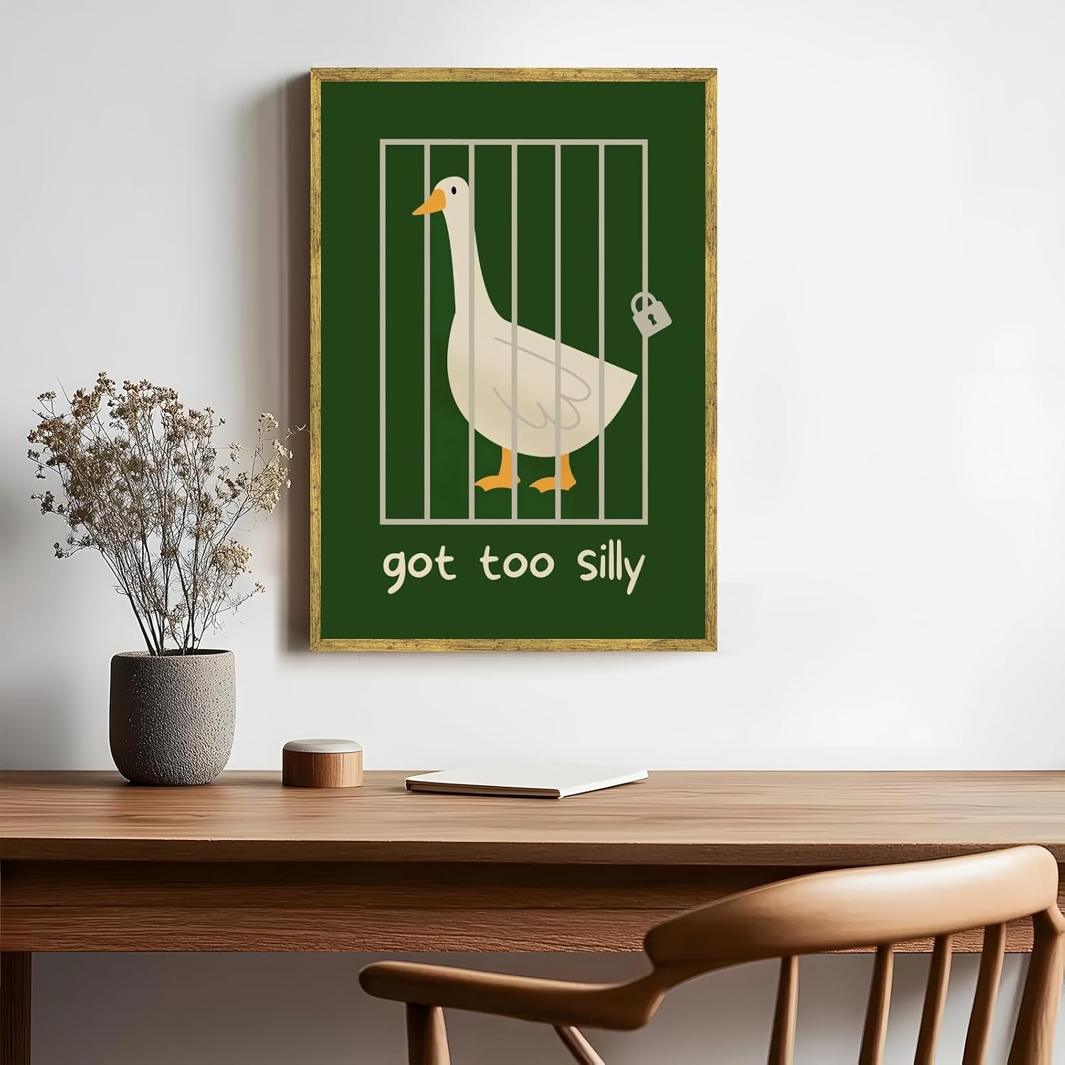 Balsuka Funny Silly Goose Wall Art Green “Got Too Silly” Quote Poster Whimsical Animal Canvas Print Modern Farmhouse Painting Cute Duck Picture for Bathroom Bedroom Wall Decor 16x24inch Golden Frame