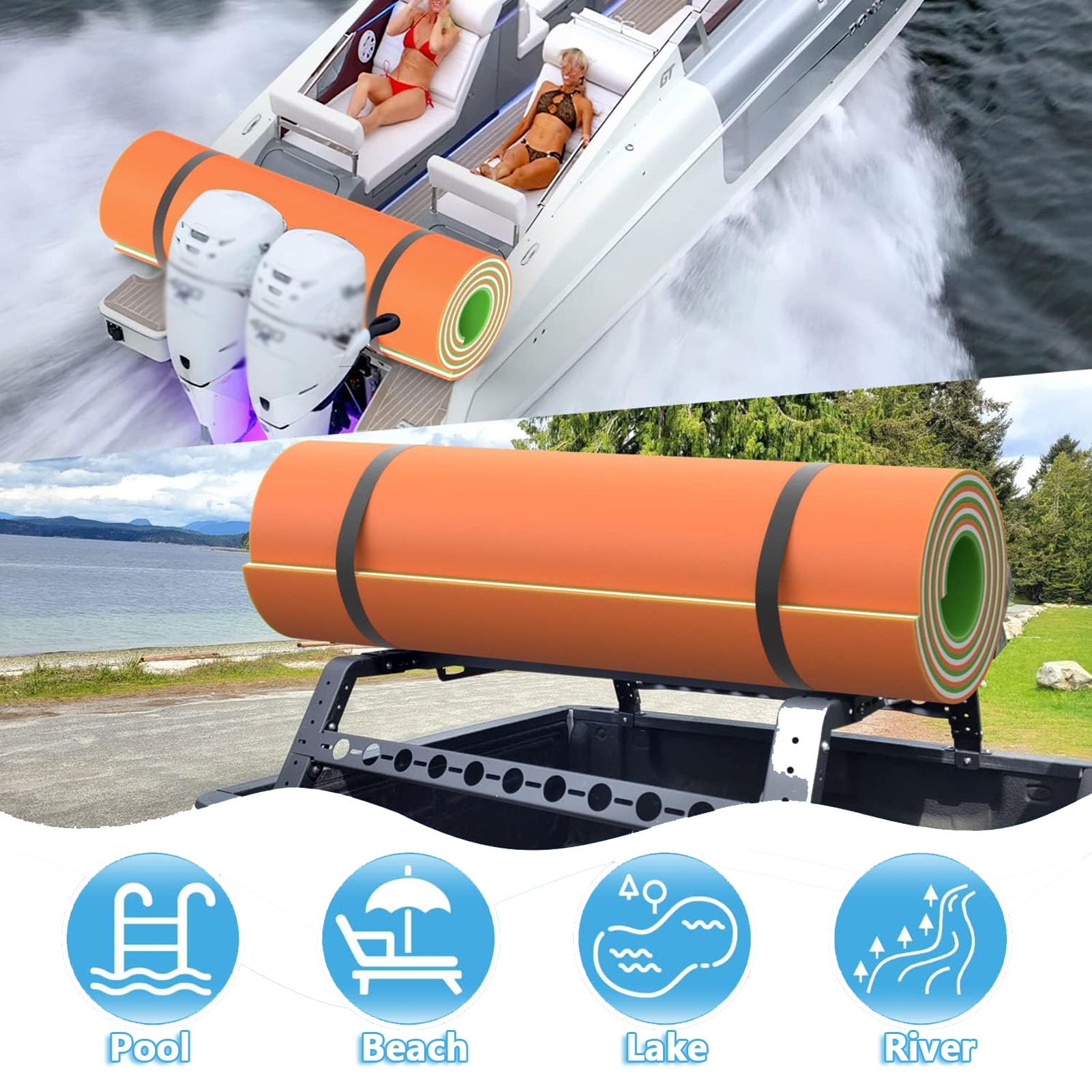 Tappetino Galleggiante per Acqua, Tappetino di Loto in Schiuma XPE a 3 Strati, Tappetino Galleggiante Arrotolabile per Lago, Piscina, Spiaggia,Arancia,4m x 0.9m x 3.3cm