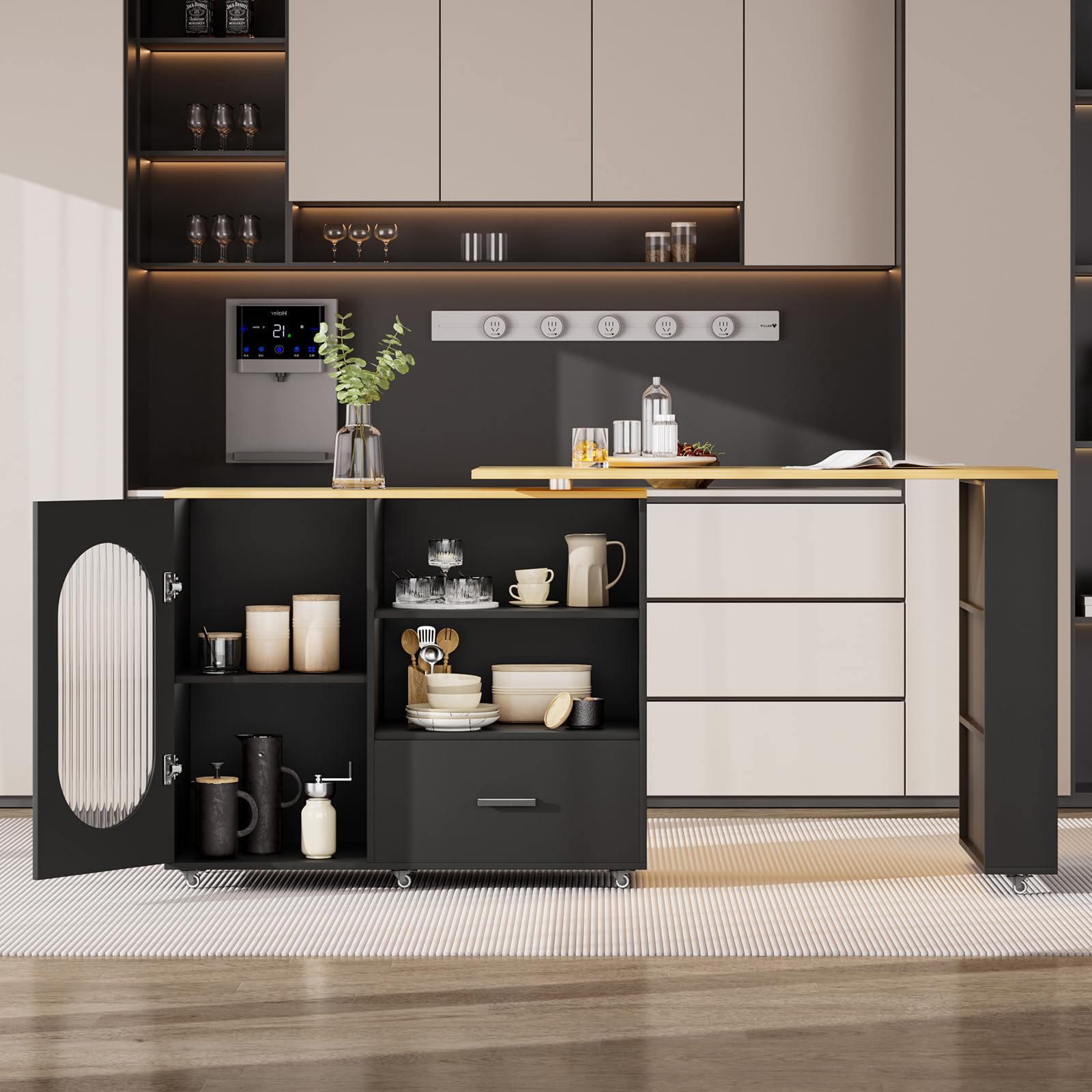 Isola da cucina girevole a 360° con spazio di archiviazione, carrello da cucina portatile, tavolo da bar allungabile, piano di lavoro in acciaio inox, bar per la colazione con armadi e cassetti, per
