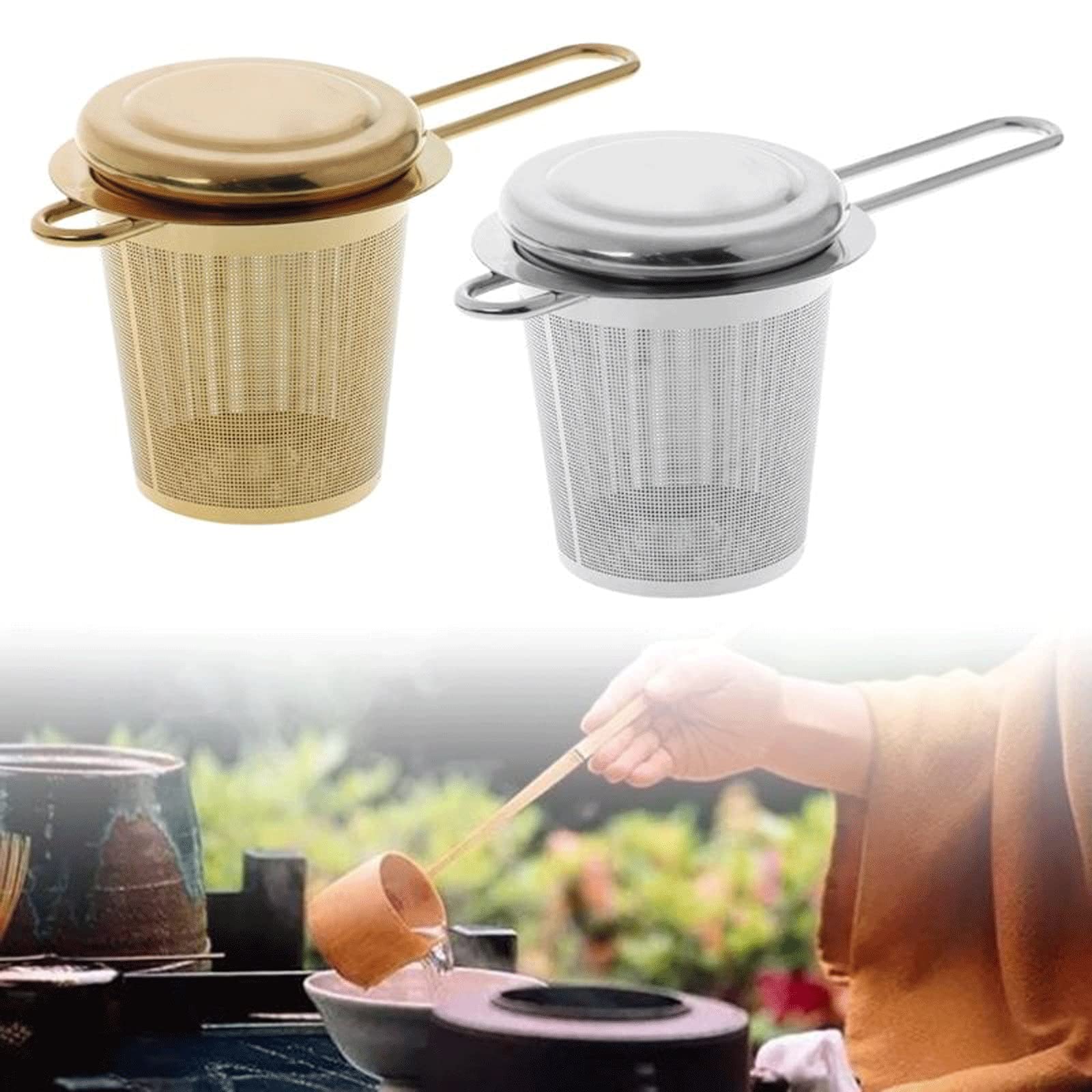 Colino da tè riutilizzabile, infusore per tè in acciaio inox, per foglie sfuse, con coperchio, tazze, accessori da cucina, nave a goccia (argento)