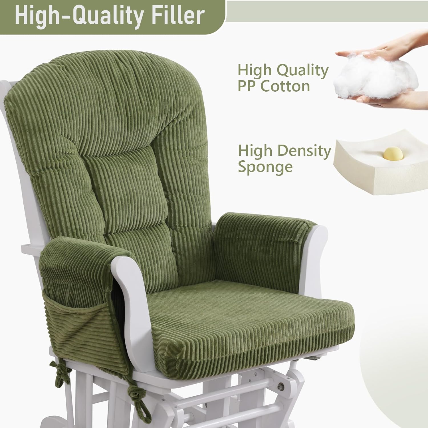 5PCS Glider Rocker Replacement Cushions with Storage Side Pockets, Thickened 3.5IN Seat & Supportive Striped Plush Rocking Chair Cushion Set with Ottoman Cover for Indoor Nursery, Green