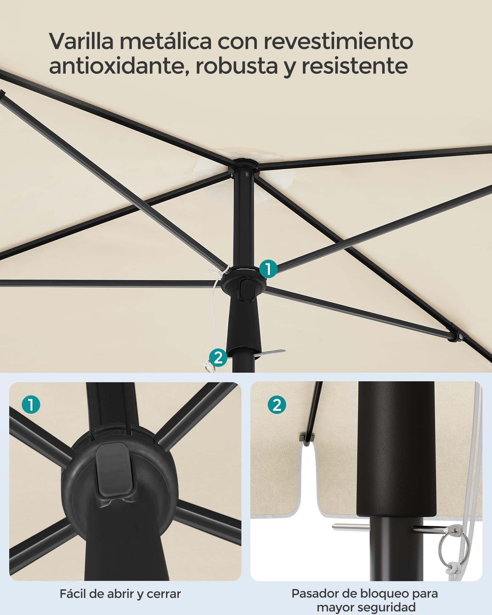 SONGMICS Sombrilla de Terraza 180 x 125 cm, UPF 50+, Inclinación Bidireccional de 30°, Altura Ajustable, con Bolsa de Transporte, para Balcón Jardín, sin Base, Beige GPU180M01