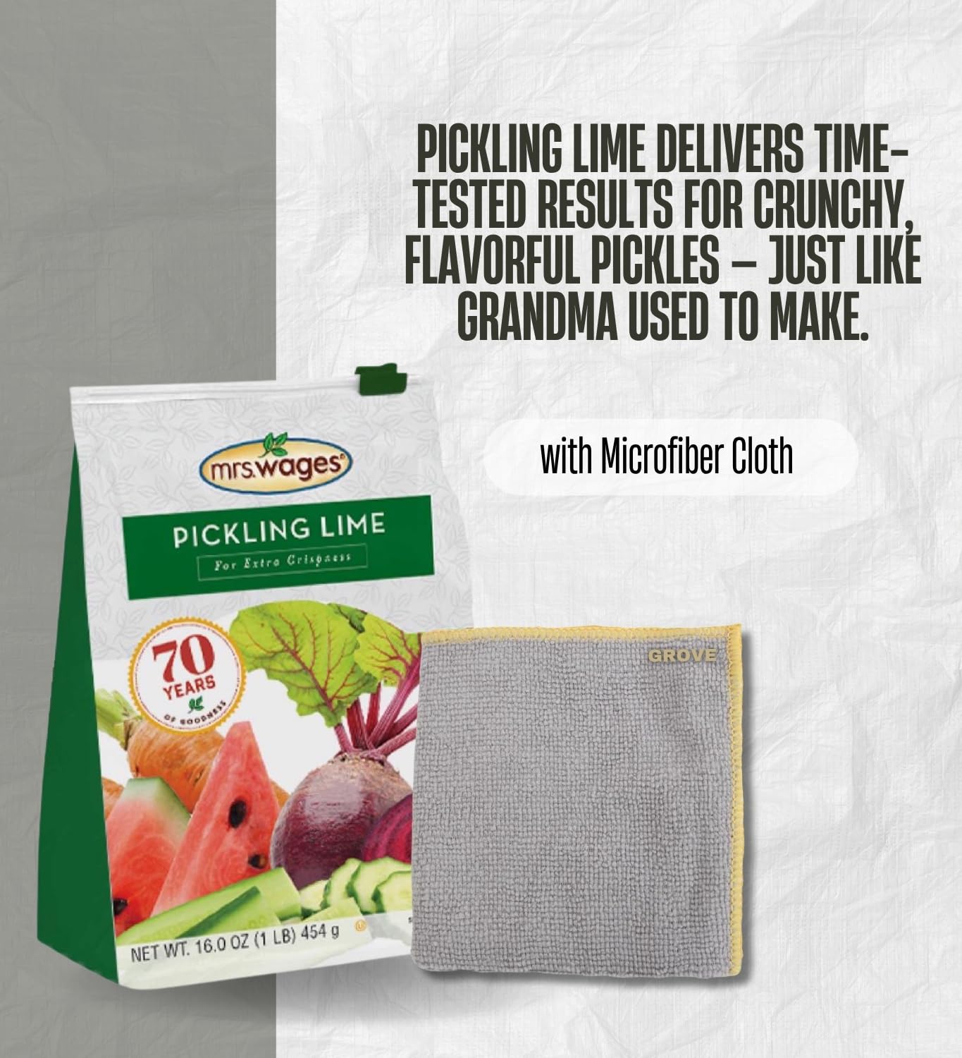 Mrs. Wages Pickling Lime 16 oz Bundle with Microfiber Cloth – Ideal for Crisp Pickles, Green Tomatoes, Watermelon Rinds, and More – Gift Set (2 Items)