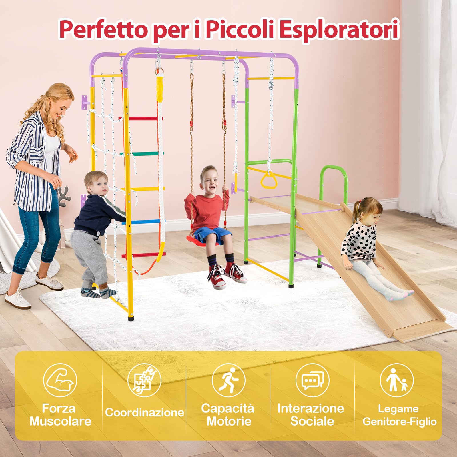 COSTWAY 8 in 1 Set da Arrampicata per Bambini, Set Giocattoli Scivolo con Barre Scala Corda Anelli Ginnici e Altalena, Parco Giochi per Bambini 3 Anni +, Carico 100 kg