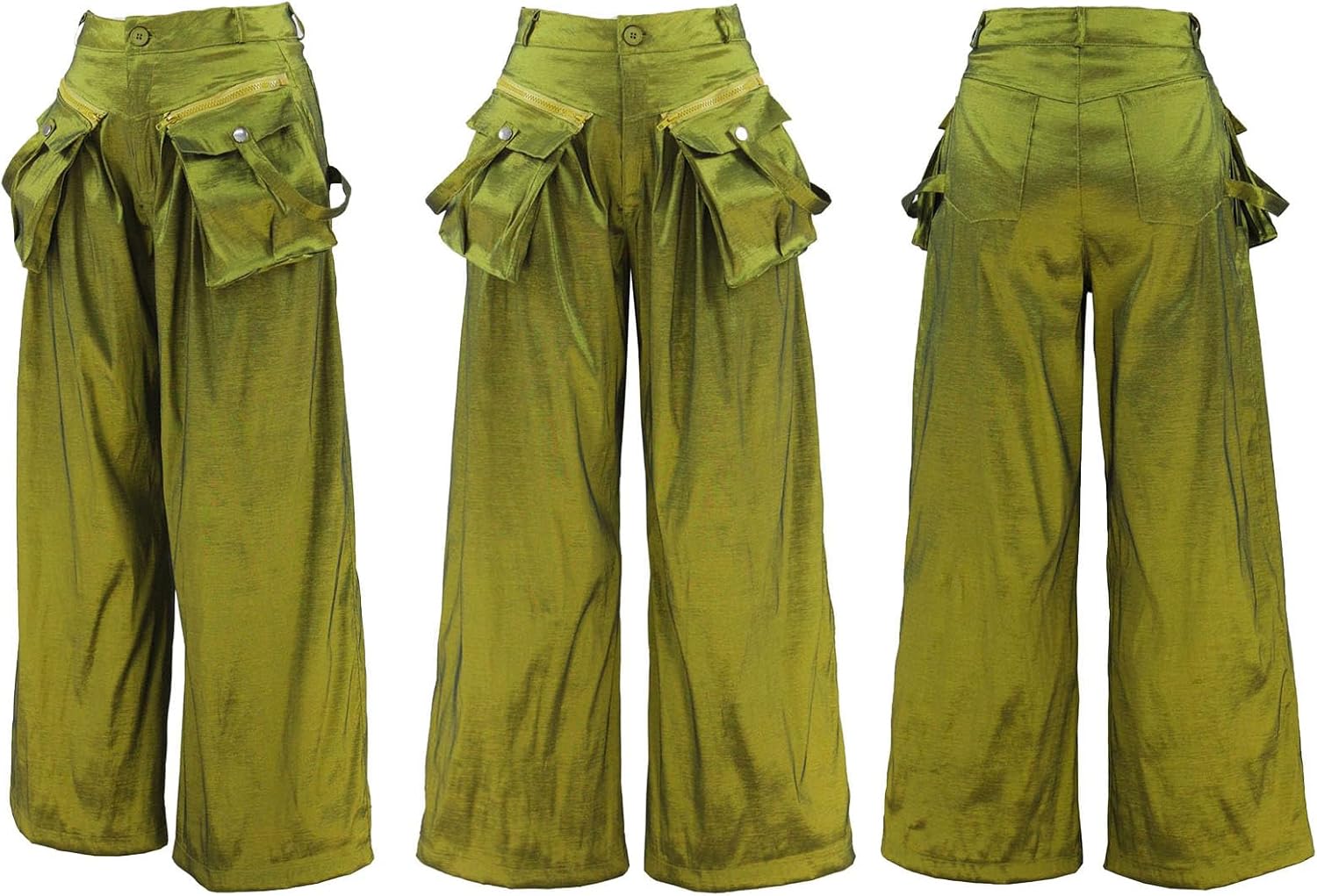 Vakkest Women's Casual Satin Cargo Pants Baggy Wide Leg Folds Pants Streetwear High Waist Palazzo Trousers with Flap Pockets - Image 5