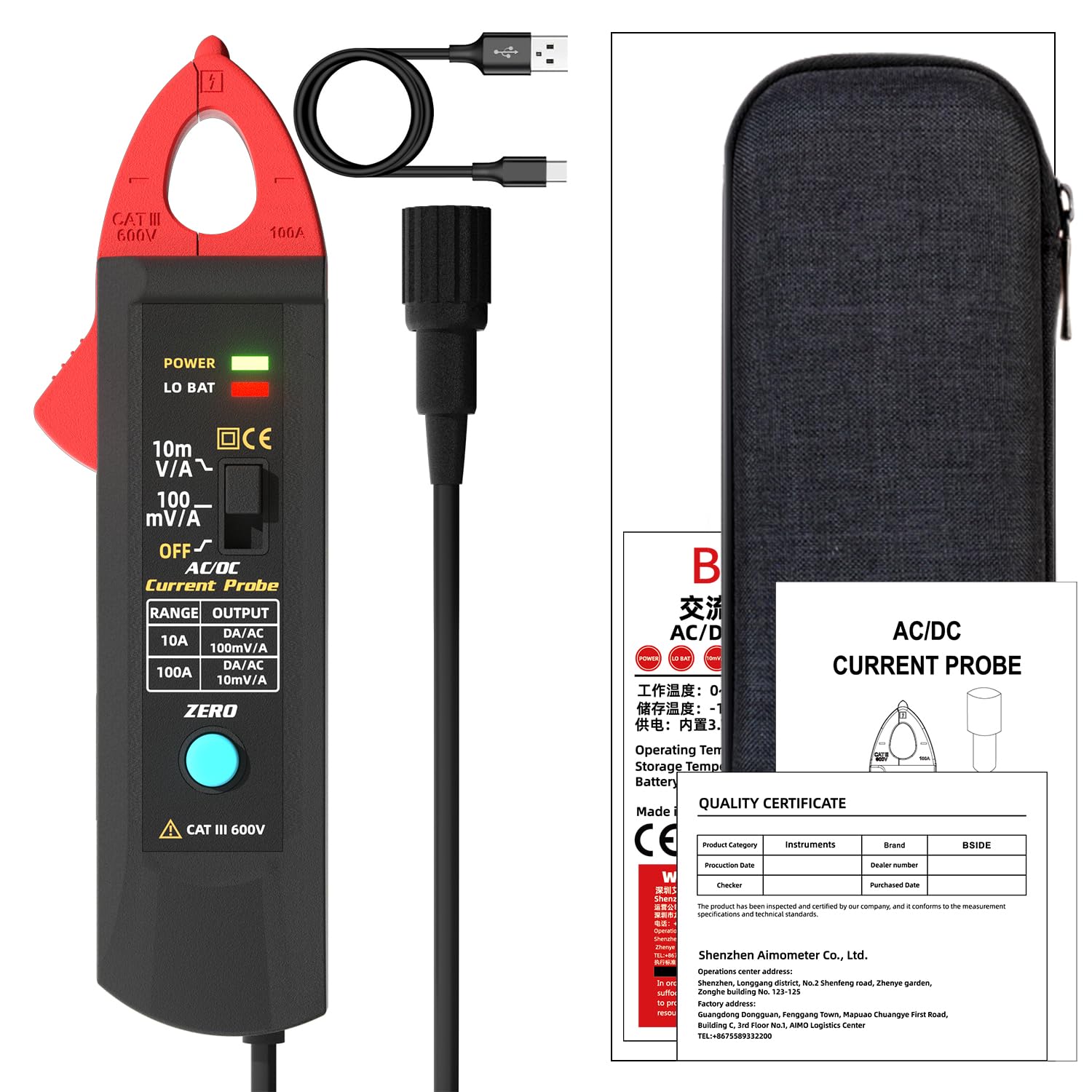 BSIDE UP1 AC/DC-Stromzangen messwandler für digitale Oszilloskope 100A Stromzange 20KHz-Bandbreite Oszilloskop Messzange mit BNC Anschluss