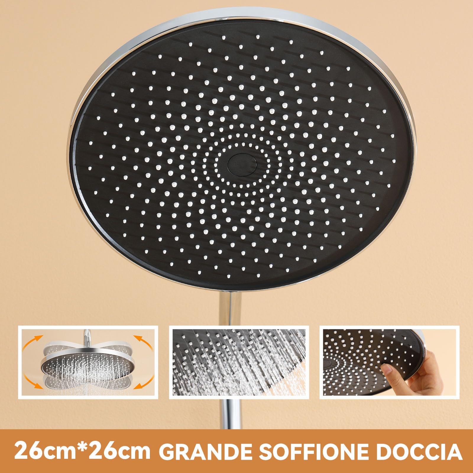 Auralum Colonna Doccia con Miscelatore Doccia Cromo, Saliscendi Doccia Altezza Massima Regolabile 1,39 m con Soffione 26x26cm e Doccetta 3 Funzioni per Bagno, Asta Doccia con Soffione e Doccetta