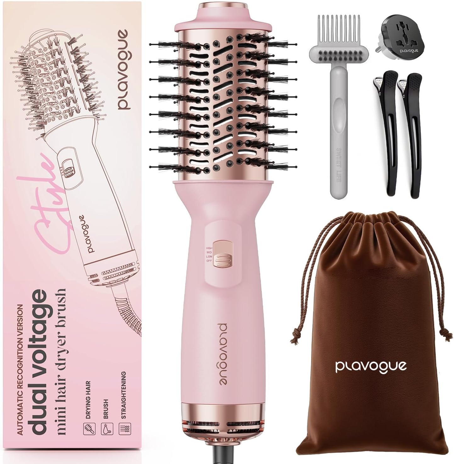 PLAVOGUE Mini Dual Voltage Hair Dryer Brush, 700 Watts Travel Hot Air Brush with European Plug，Ionic One Step Blow Dryer and Styling Brush with Ceramic Coating for Women for Home & Salon (Pink)