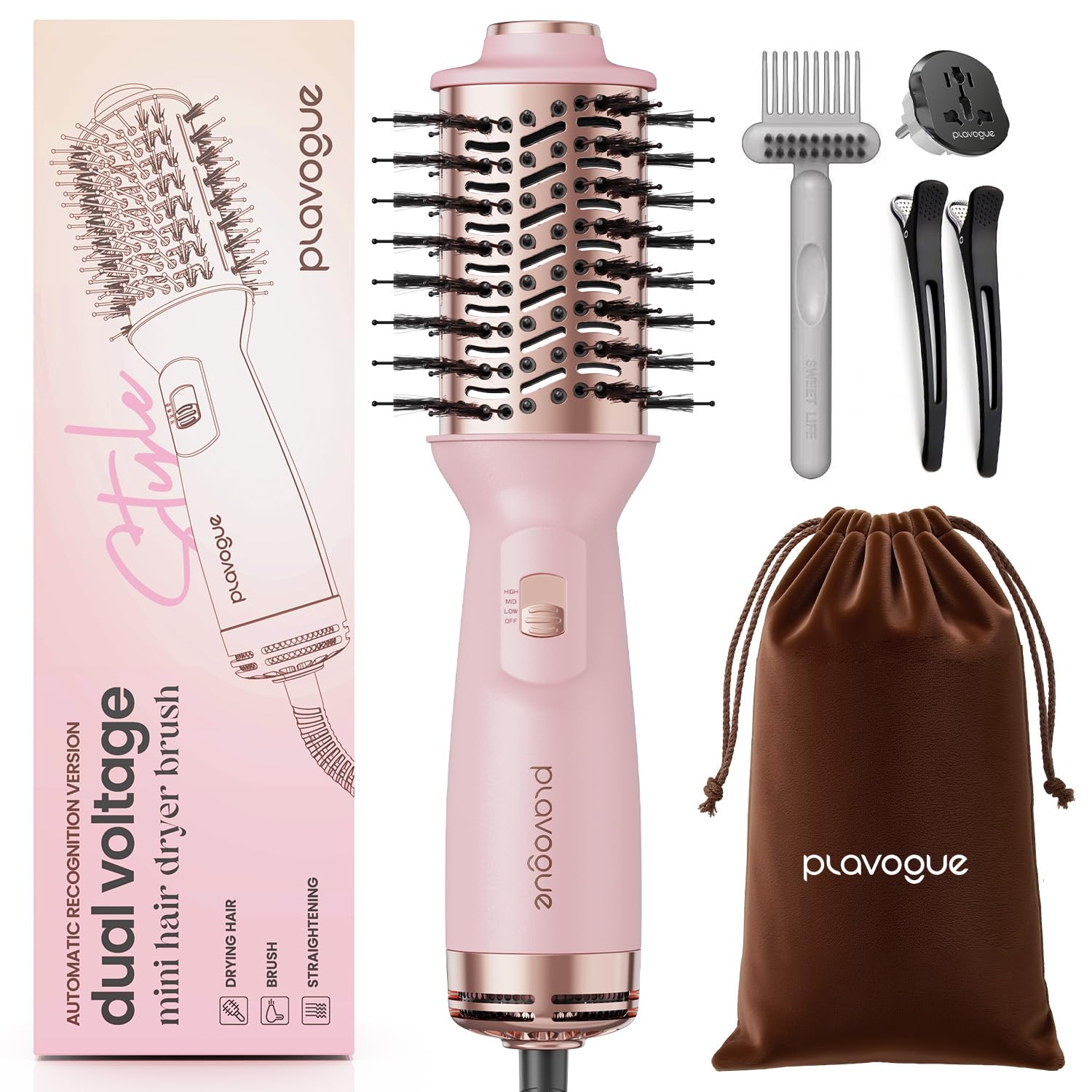 PLAVOGUE Mini Dual Voltage Hair Dryer Brush, 700 Watts Travel Hot Air Brush with European Plug，Ionic One Step Blow Dryer and Styling Brush with