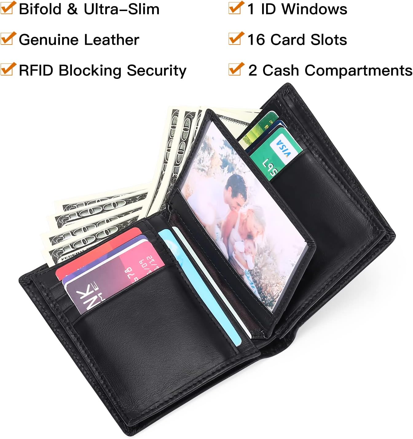 GOIACII Wallets for Men Large Capacity Genuine Leather RFID Mens Bifold Wallet with 16 Card Slots - Image 3