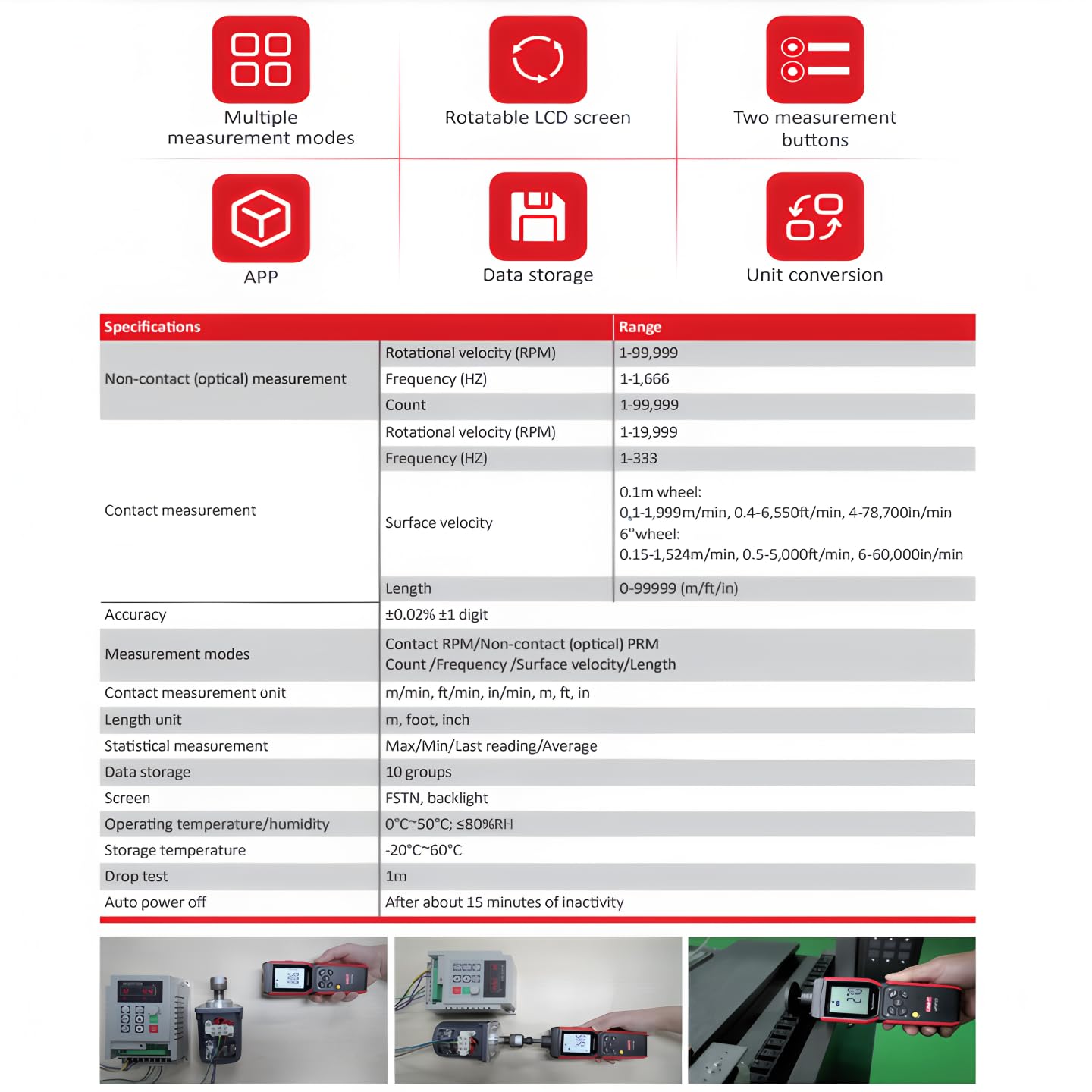 UNI-T Uni-trend UT372D Drehzahlmesser Digitaler U/min-Messer 2 in 1 Laser berührungslos & berührend Drehzahlmesser Professioneller Messgerät für Drehzahl